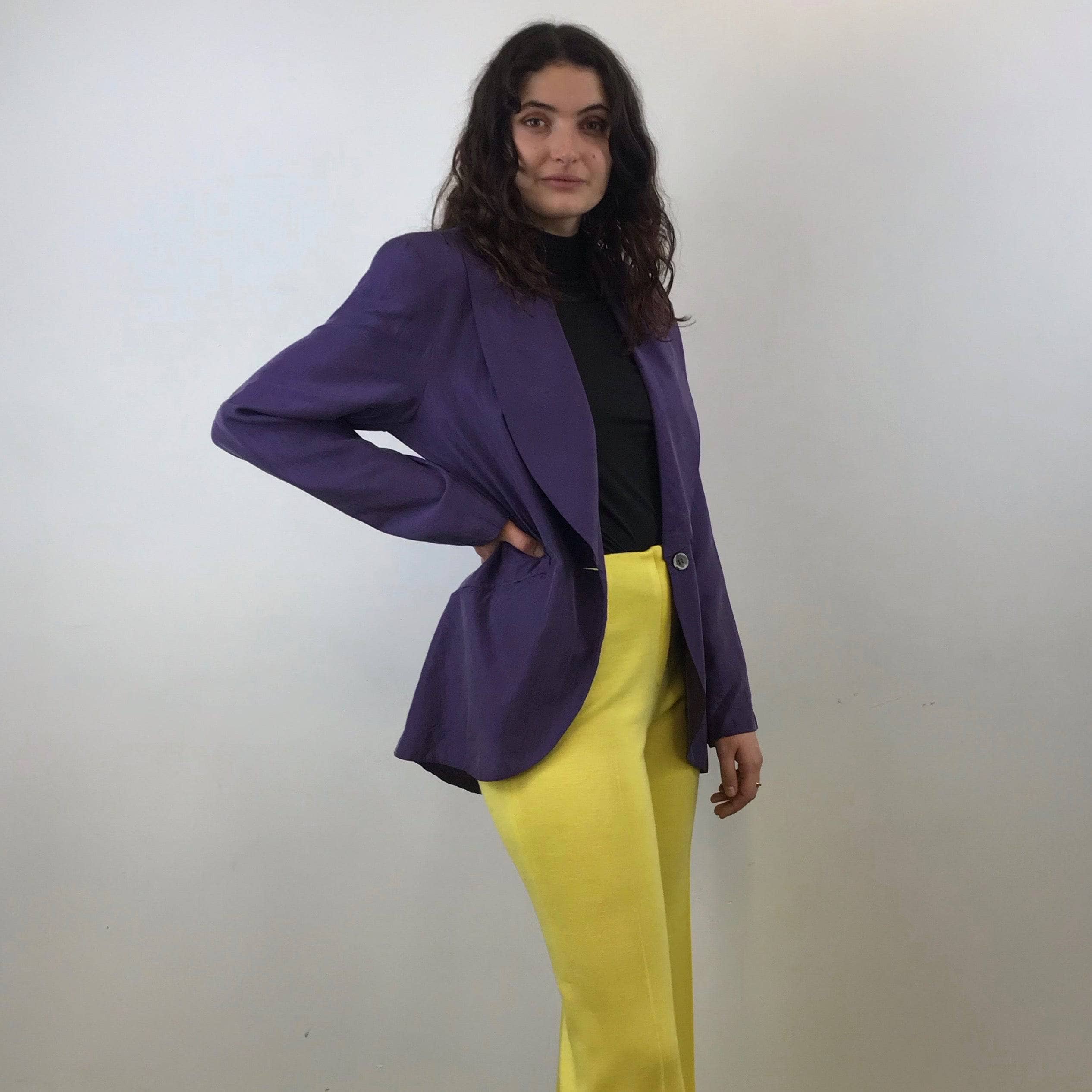 1980s Anne Pinkerton Deep Cut Purple Silk Blazer Medium - Image 4