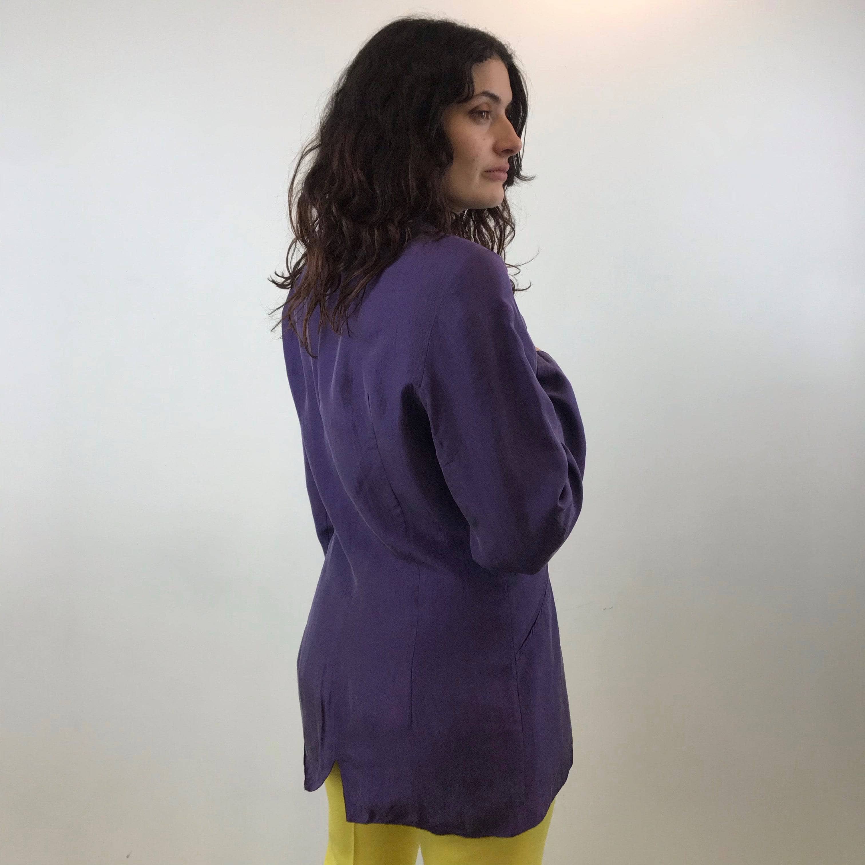 1980s Anne Pinkerton Deep Cut Purple Silk Blazer Medium - Image 5
