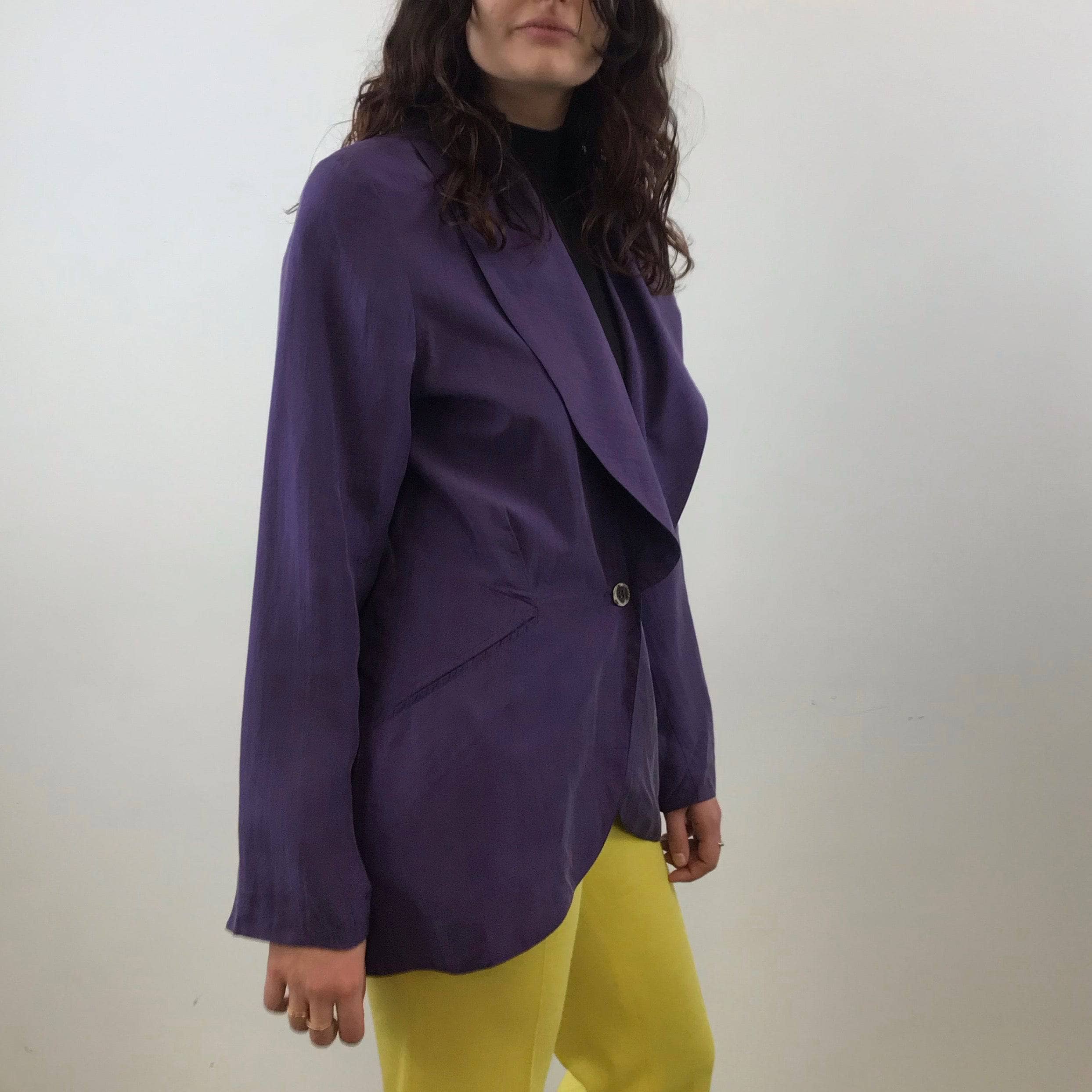 1980s Anne Pinkerton Deep Cut Purple Silk Blazer Medium - Image 6