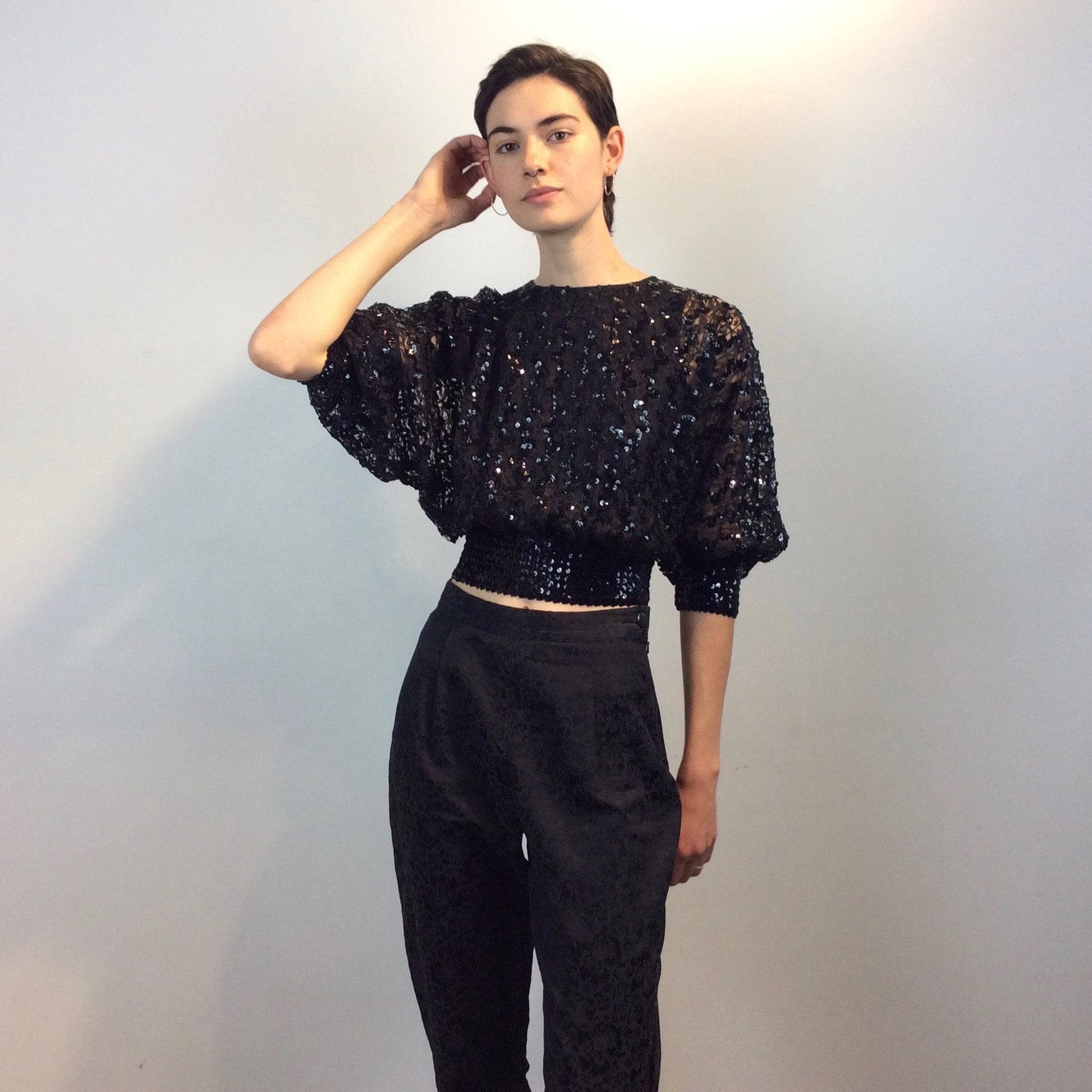 1980s Batwing Sleeve Lace and Sequin Black Top S-M