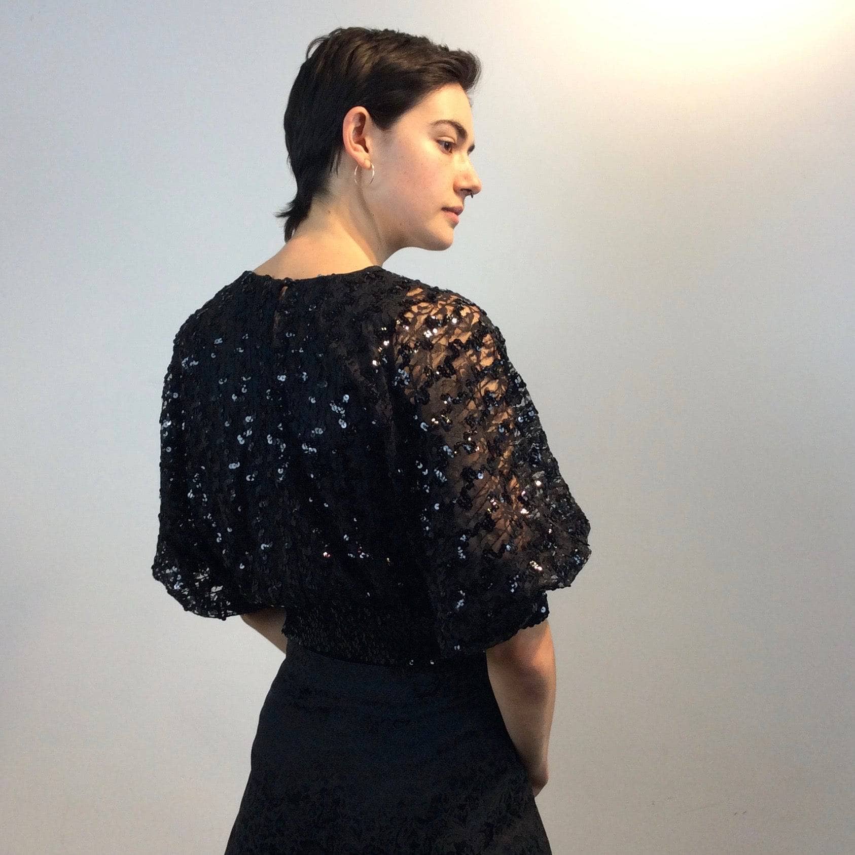 1980s Batwing Sleeve Lace and Sequin Black Top S-M - Image 2