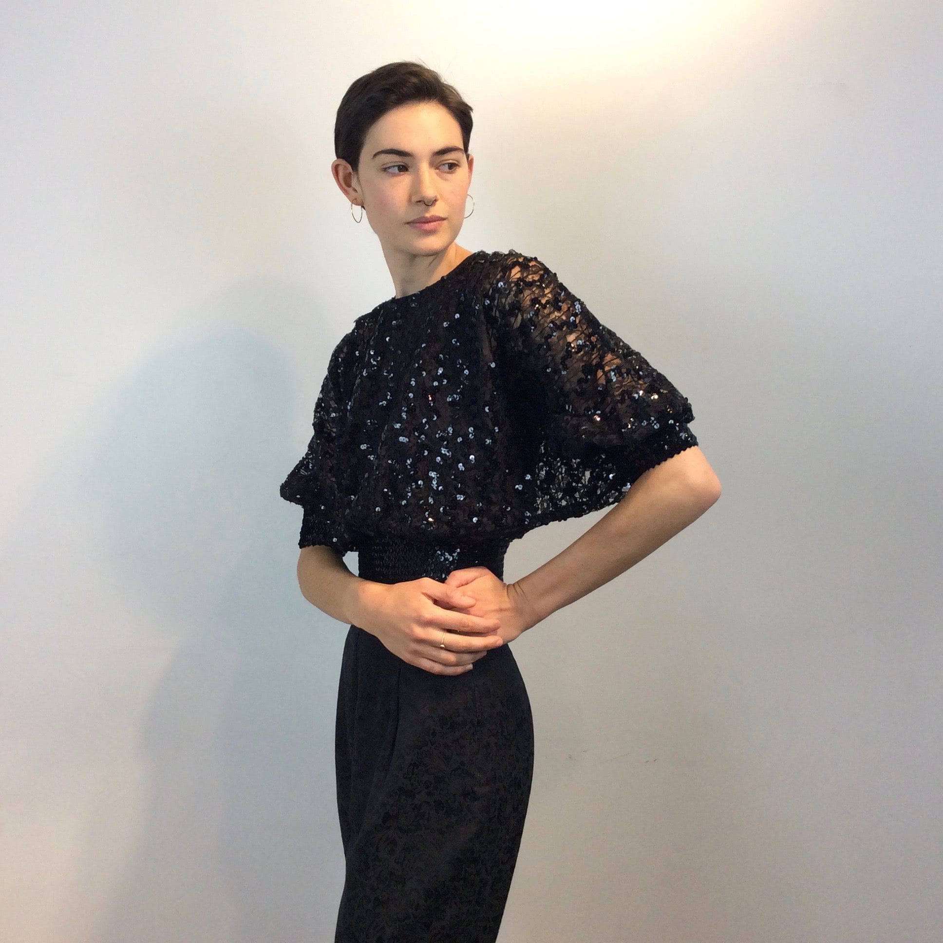 1980s Batwing Sleeve Lace and Sequin Black Top S-M - Image 3
