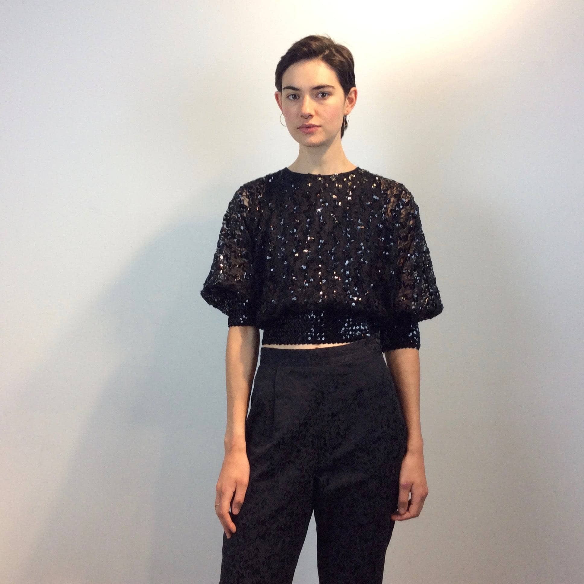 1980s Batwing Sleeve Lace and Sequin Black Top S-M - Image 4