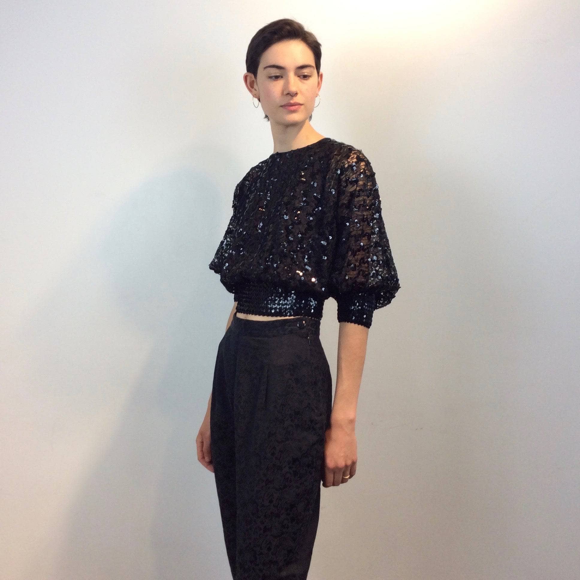 1980s Batwing Sleeve Lace and Sequin Black Top S-M - Image 5