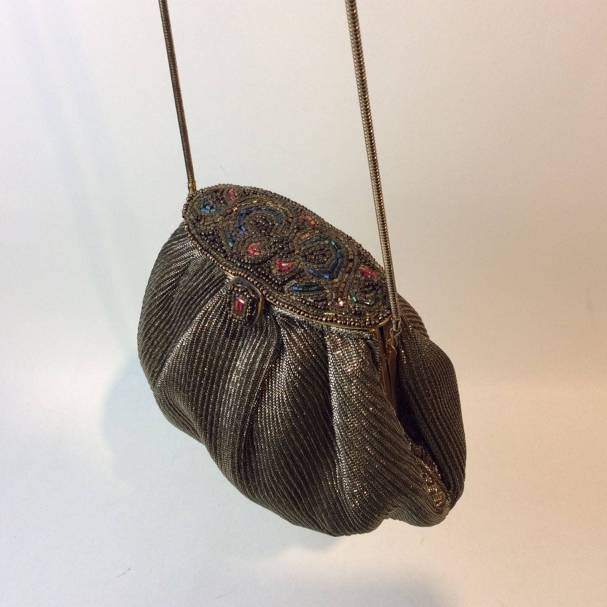 1980s Beaded and Gold Fabric Shoulder Evening Bag - Image 3