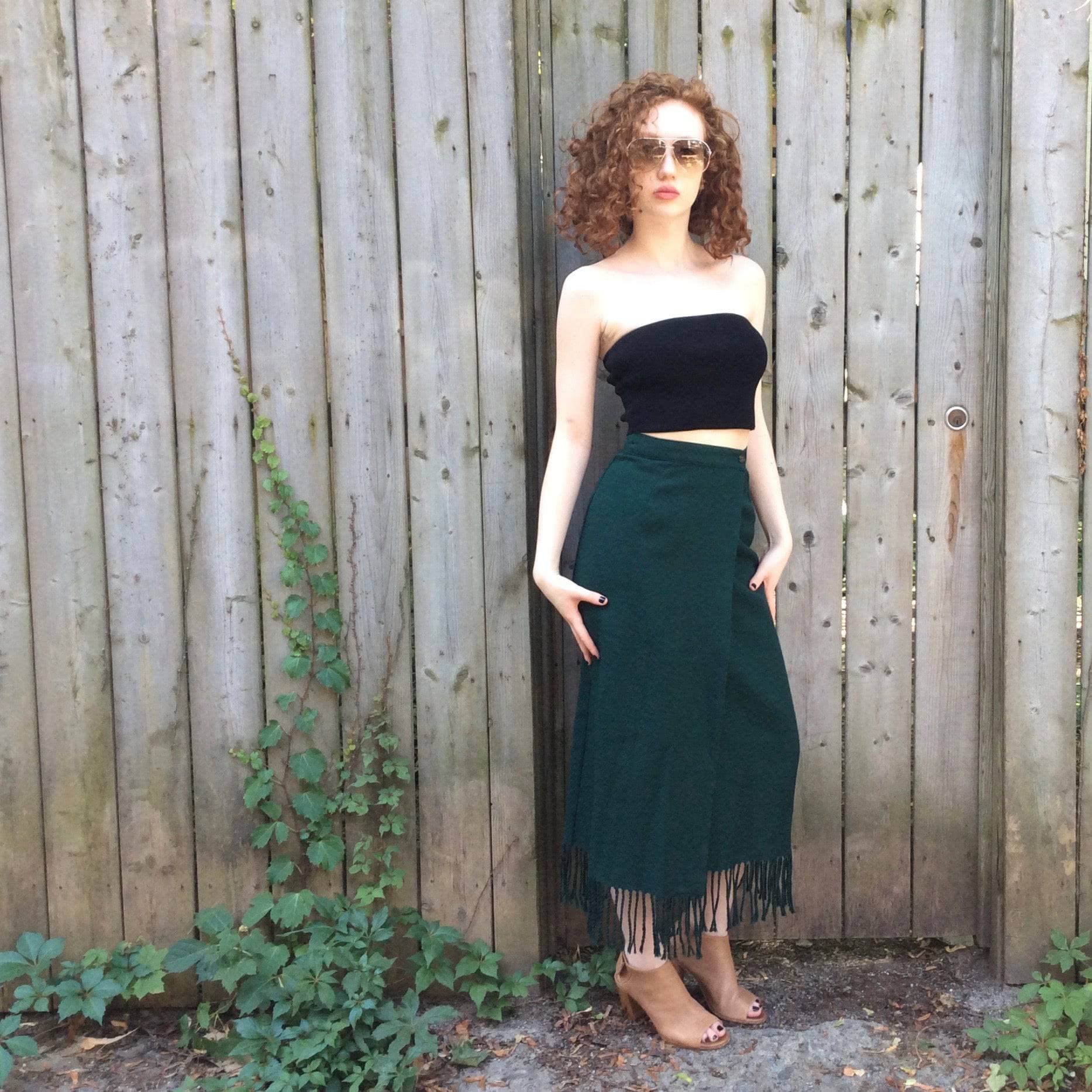 1980s "Benetton" Fringe Forest Green Wool Wrap Skirt Small - Image 3