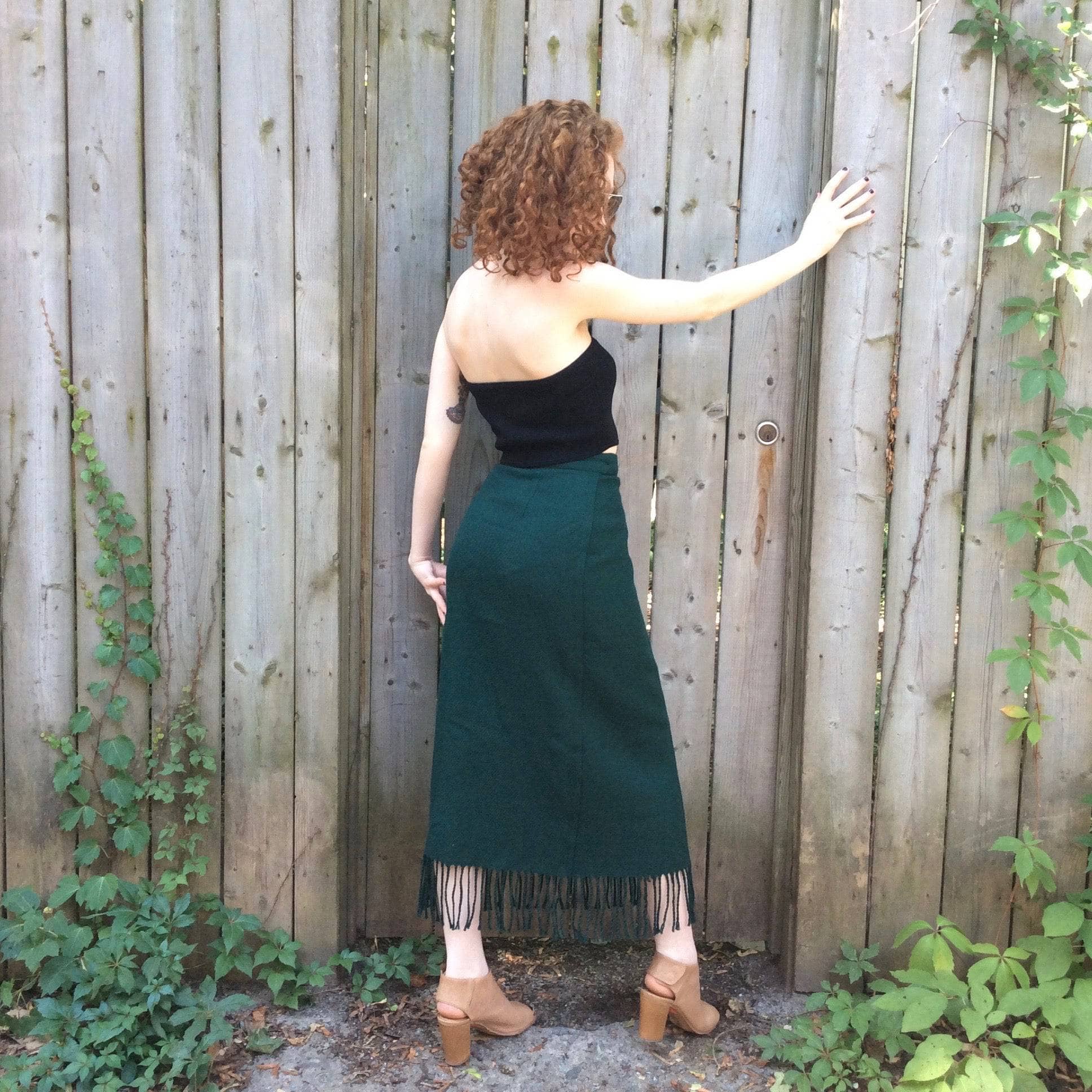 1980s "Benetton" Fringe Forest Green Wool Wrap Skirt Small - Image 4