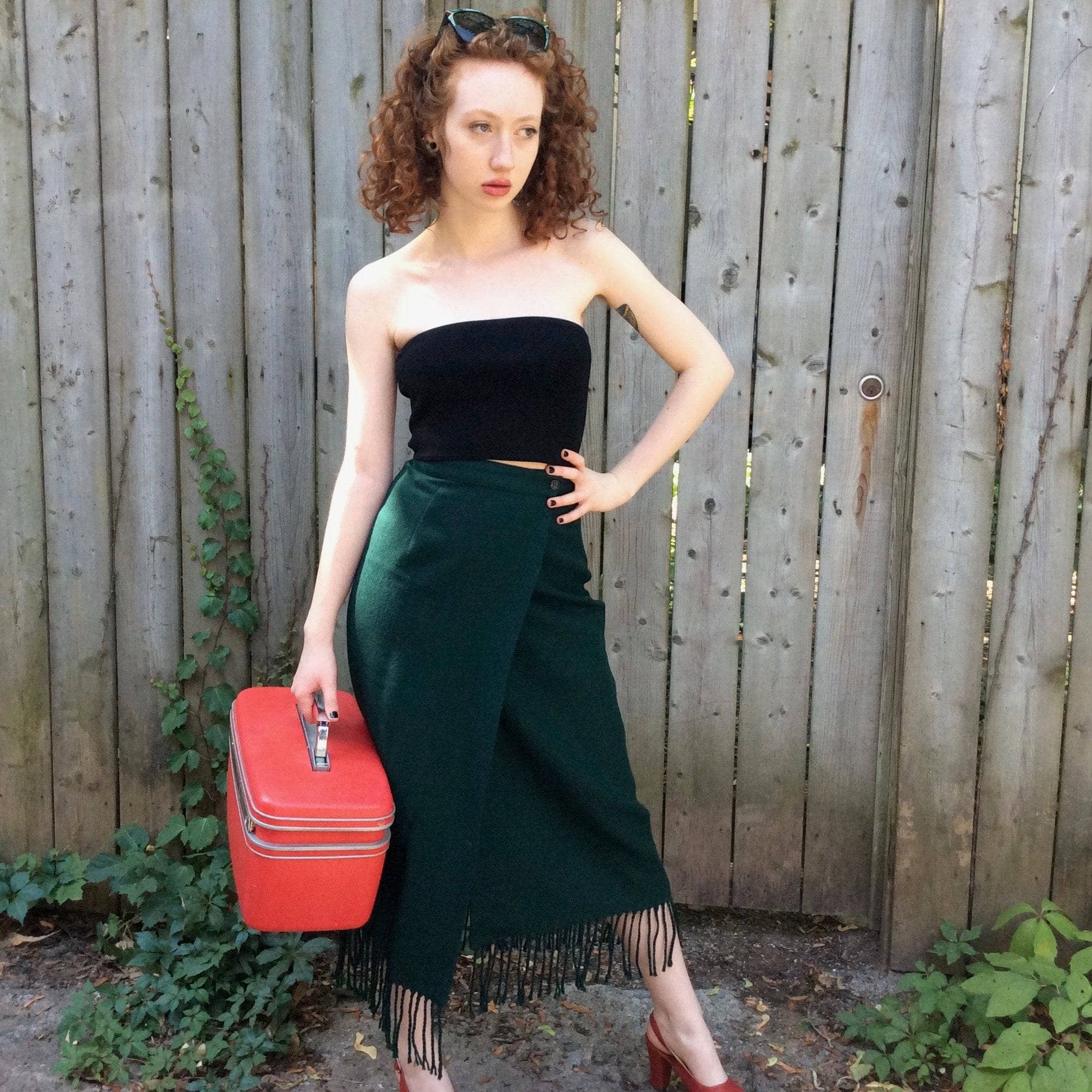 1980s "Benetton" Fringe Forest Green Wool Wrap Skirt Small - Image 5