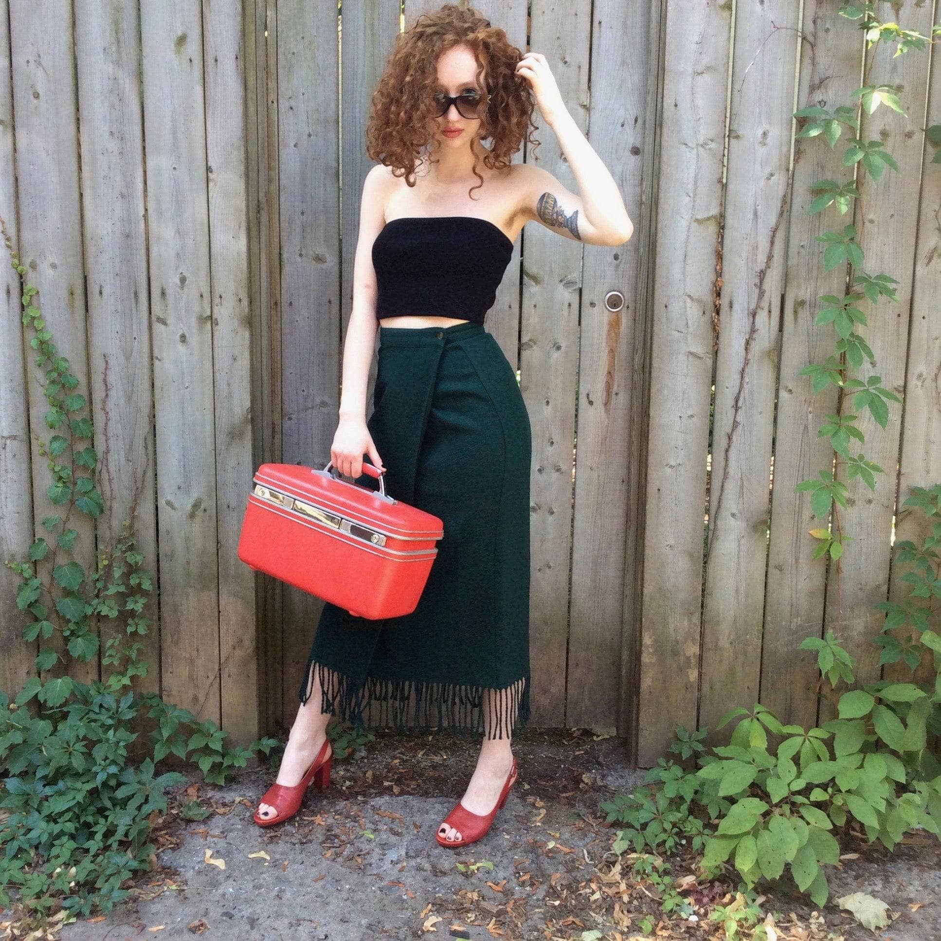 1980s "Benetton" Fringe Forest Green Wool Wrap Skirt Small - Image 7