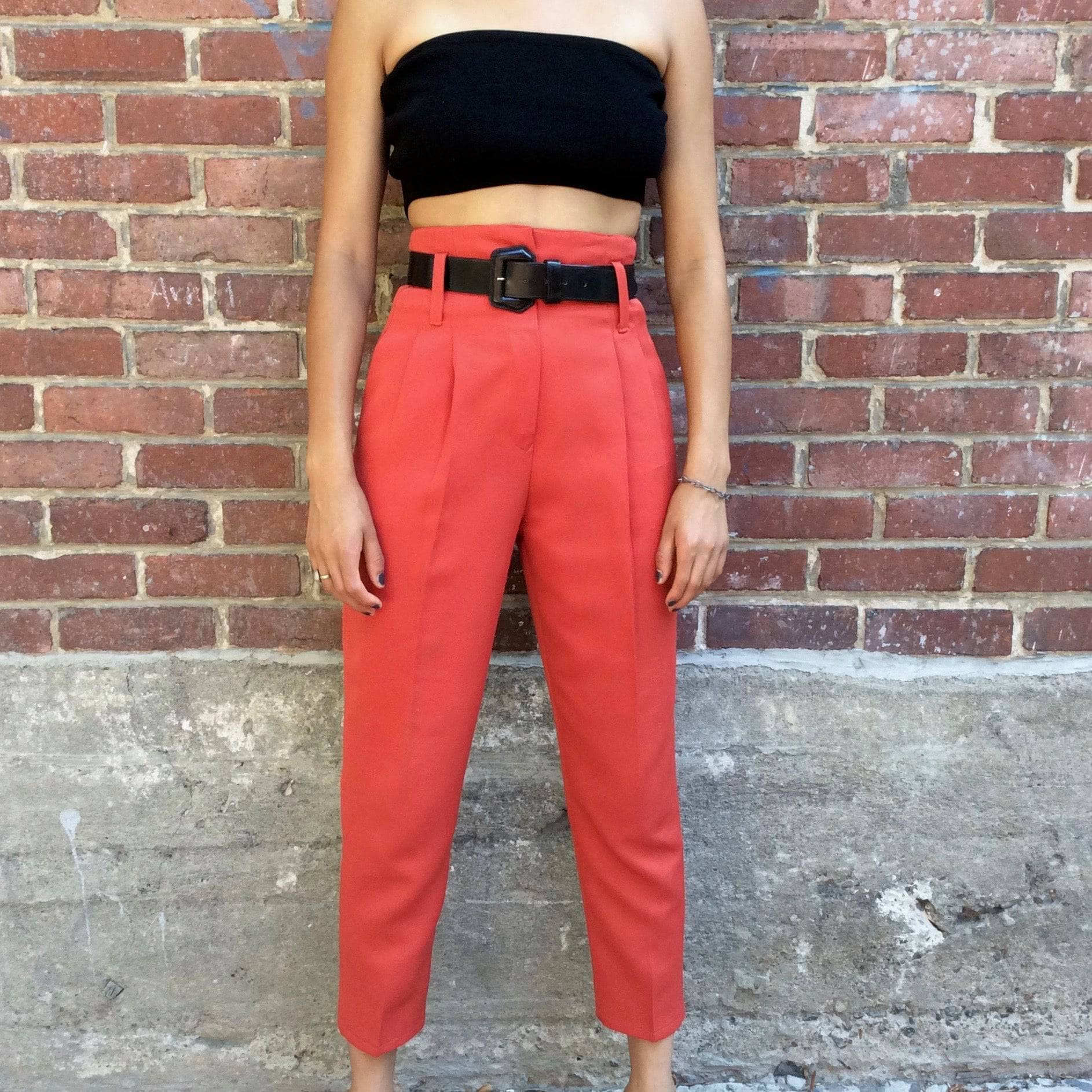 1980s Brick Colour High-Waisted Tapered Leg Pleated Pants Small - Image 4