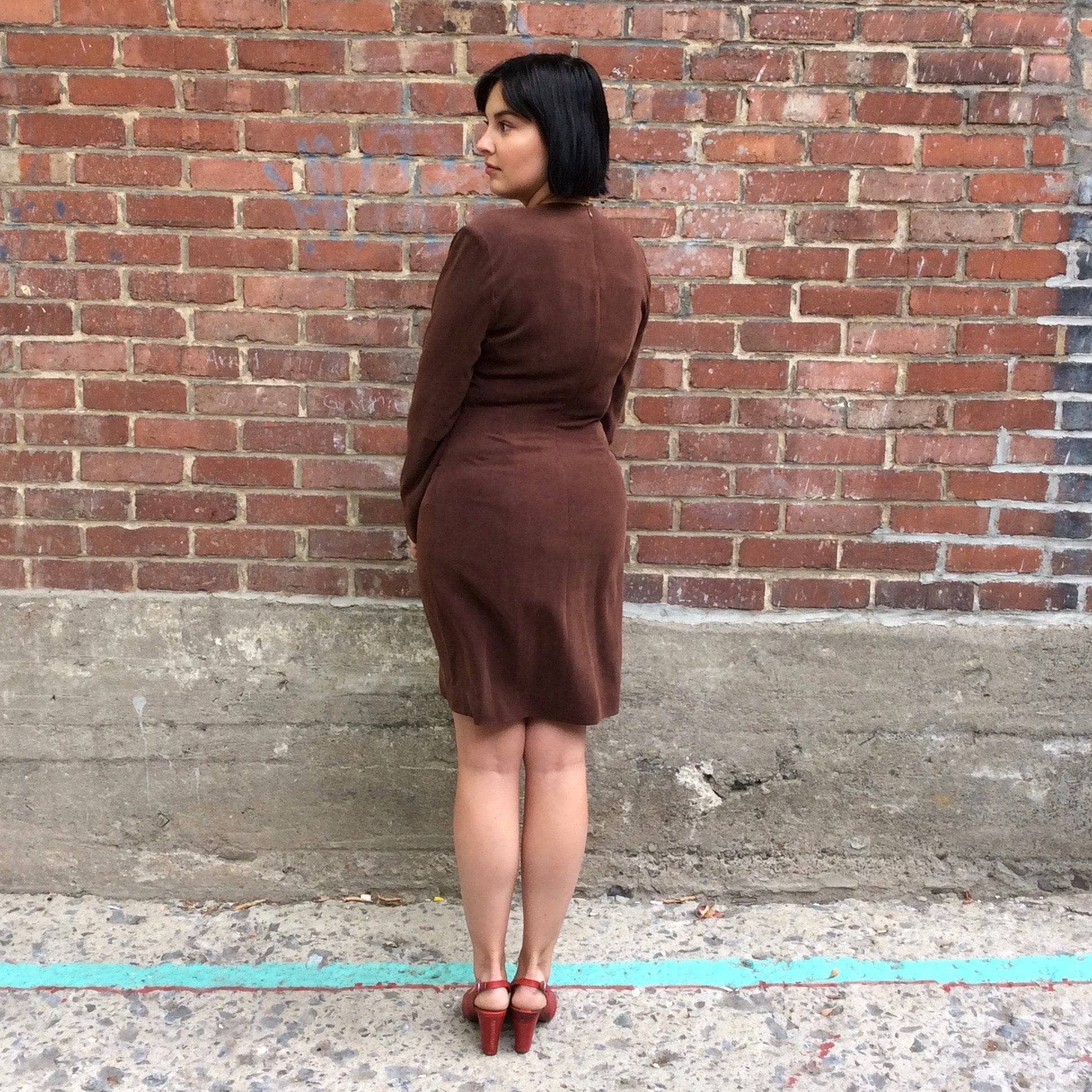 1980s Brown Long-Sleeve Wrap Silk Dress Medium - Image 3