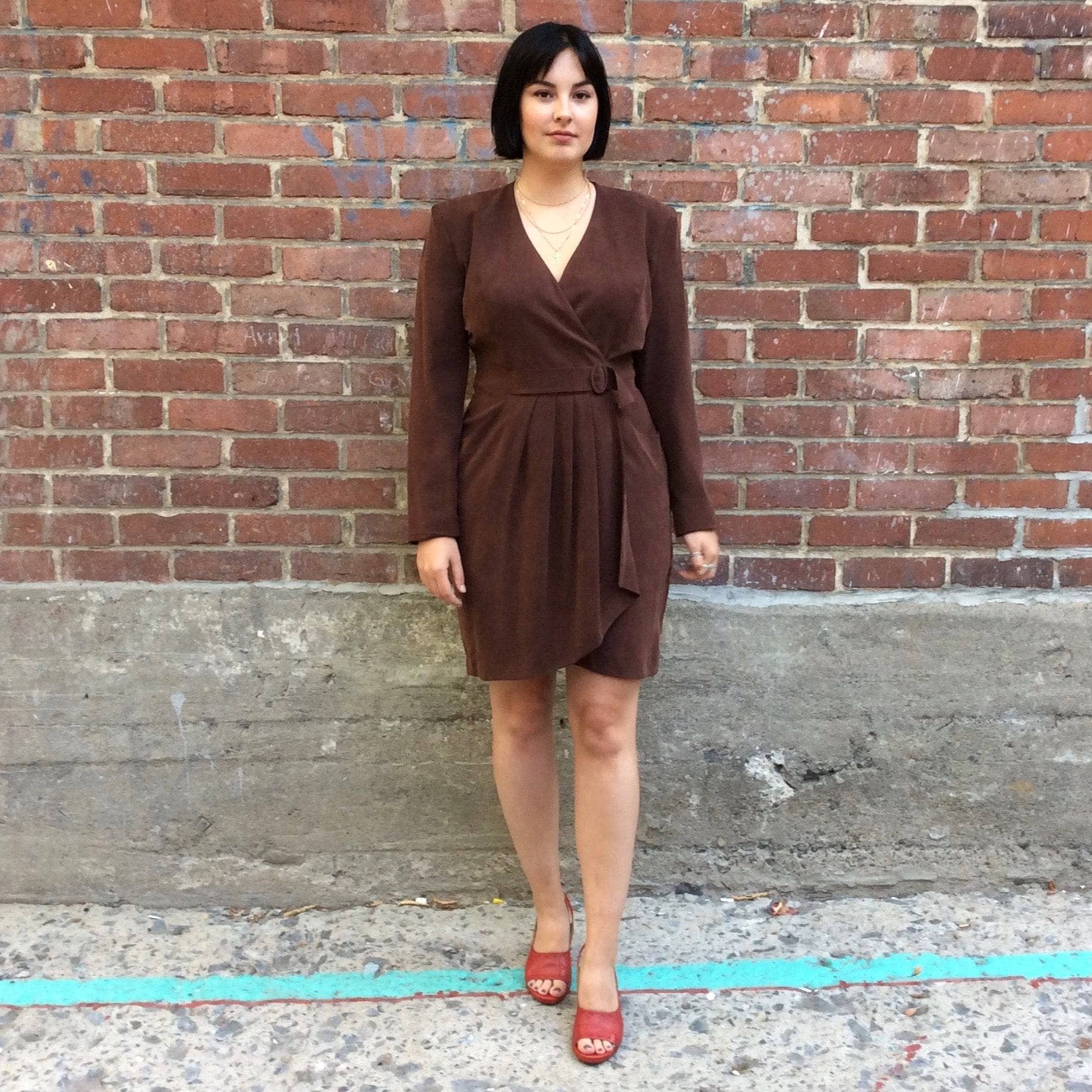 1980s Brown Long-Sleeve Wrap Silk Dress Medium - Image 4