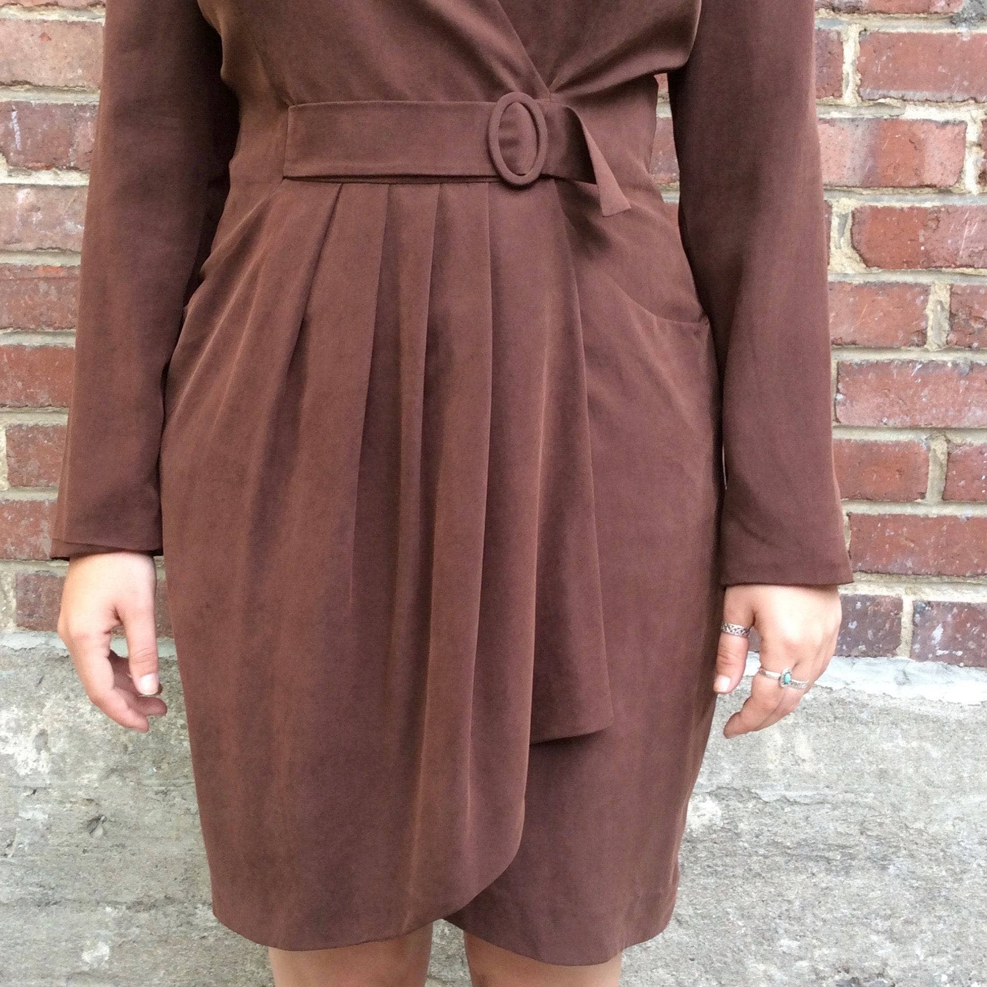 1980s Brown Long-Sleeve Wrap Silk Dress Medium - Image 6