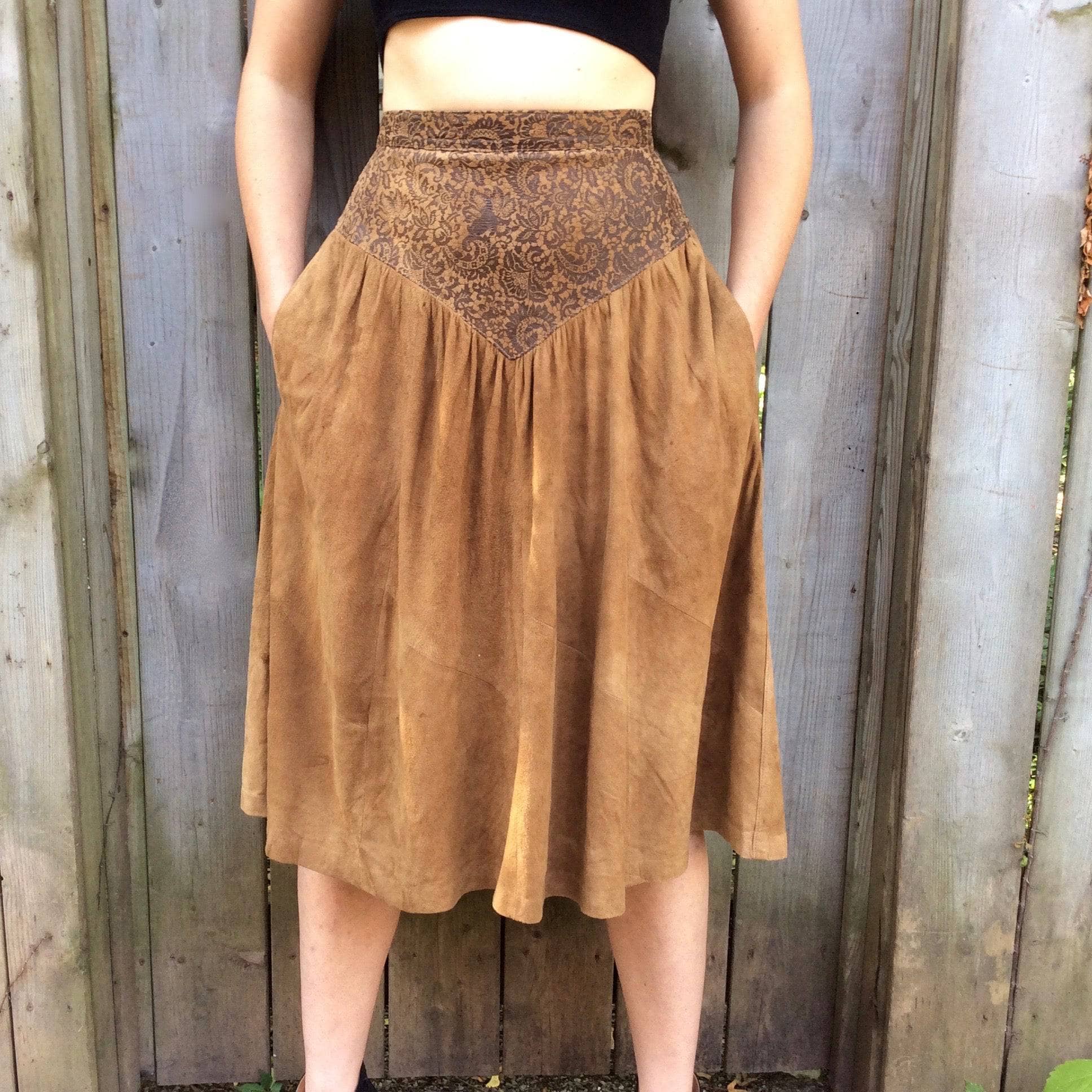 1980s Brown Soft Suede Yoked Midi Skirt Small - Image 3