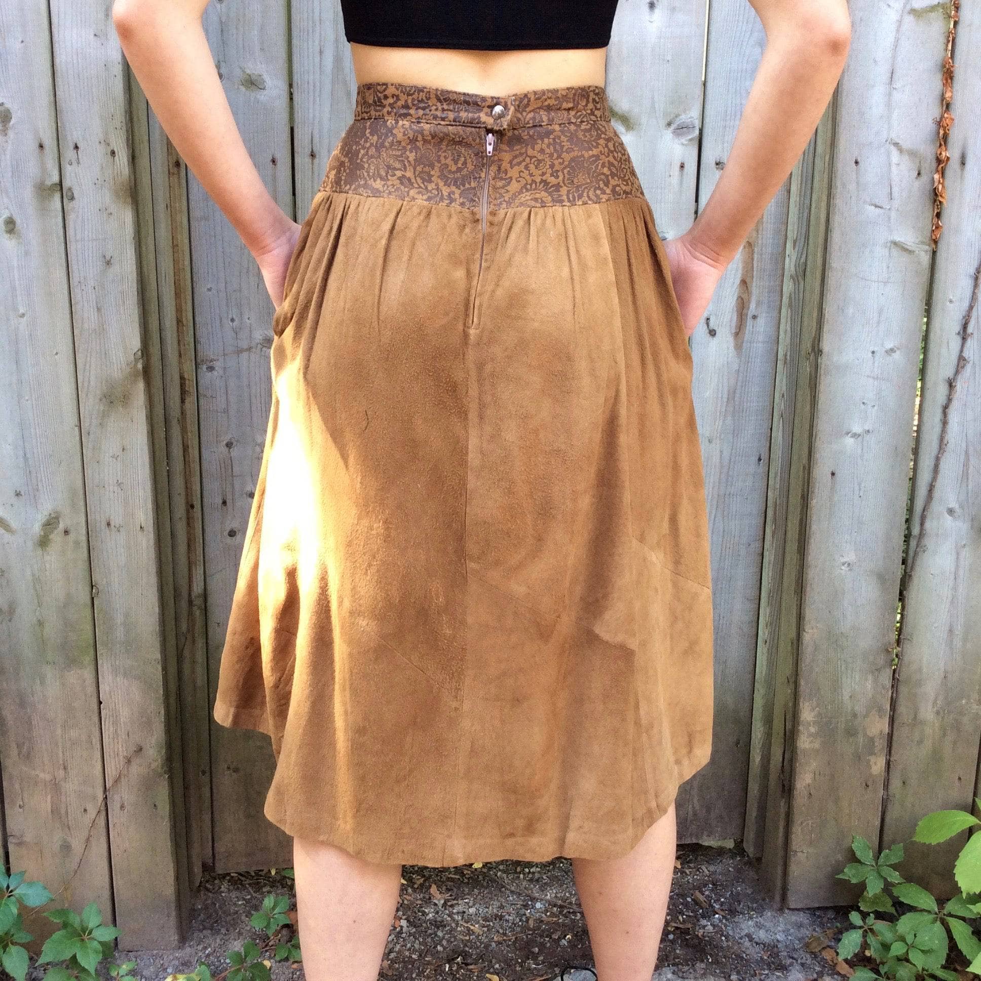 1980s Brown Soft Suede Yoked Midi Skirt Small - Image 4