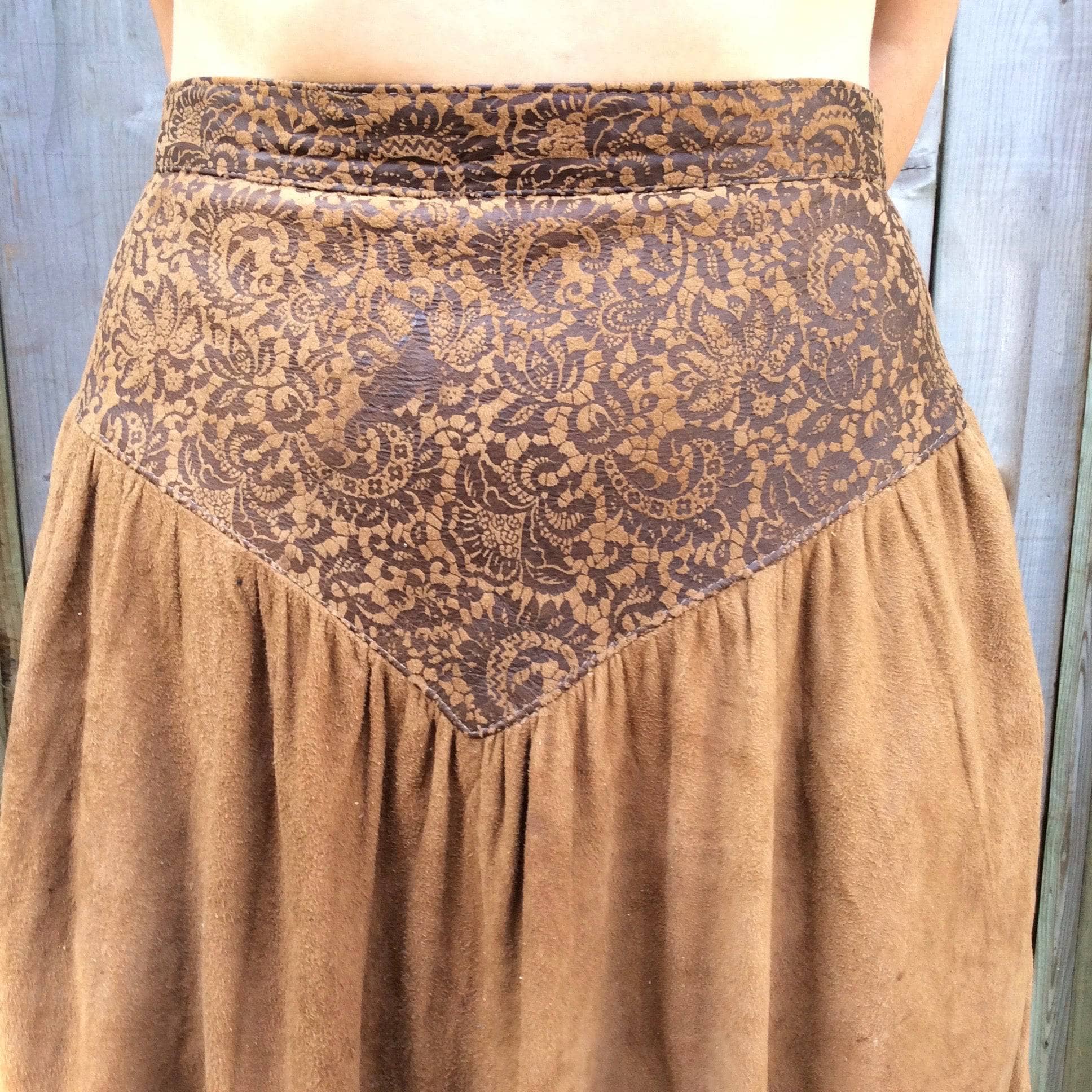 1980s Brown Soft Suede Yoked Midi Skirt Small - Image 5