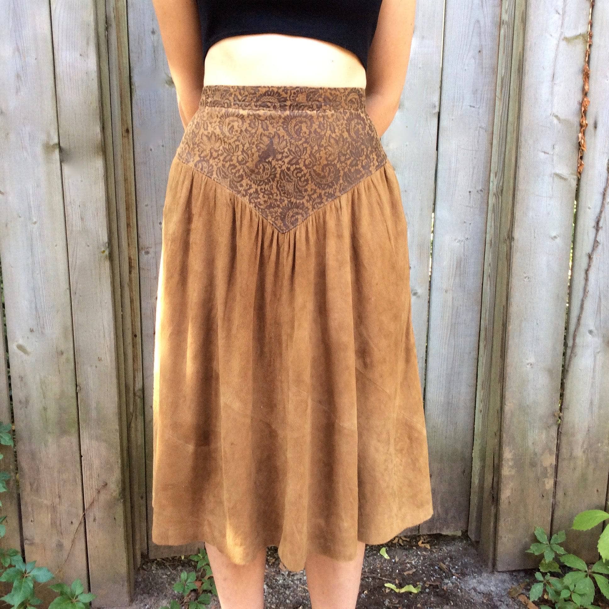 1980s Brown Soft Suede Yoked Midi Skirt Small - Image 6