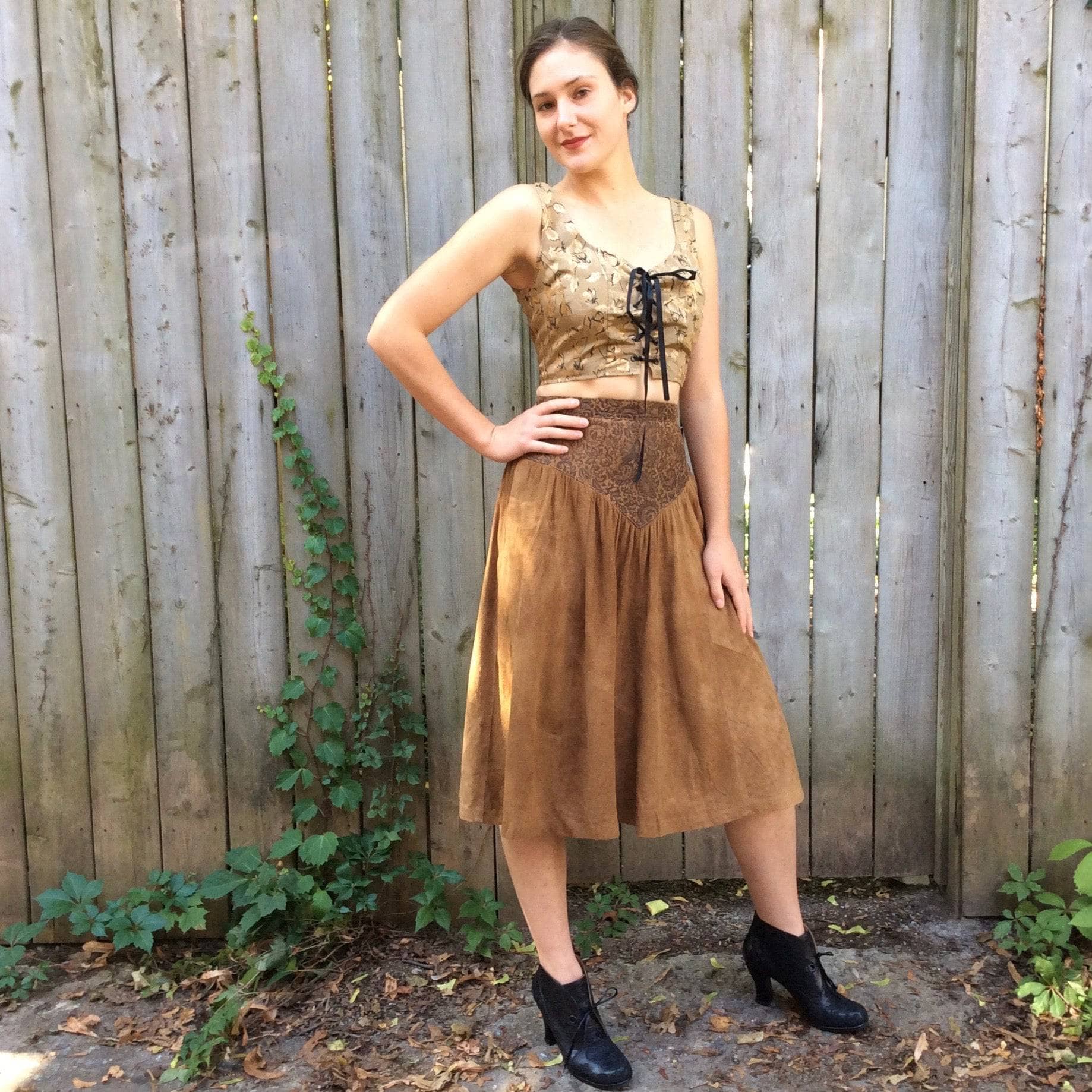 1980s Brown Soft Suede Yoked Midi Skirt Small - Image 7