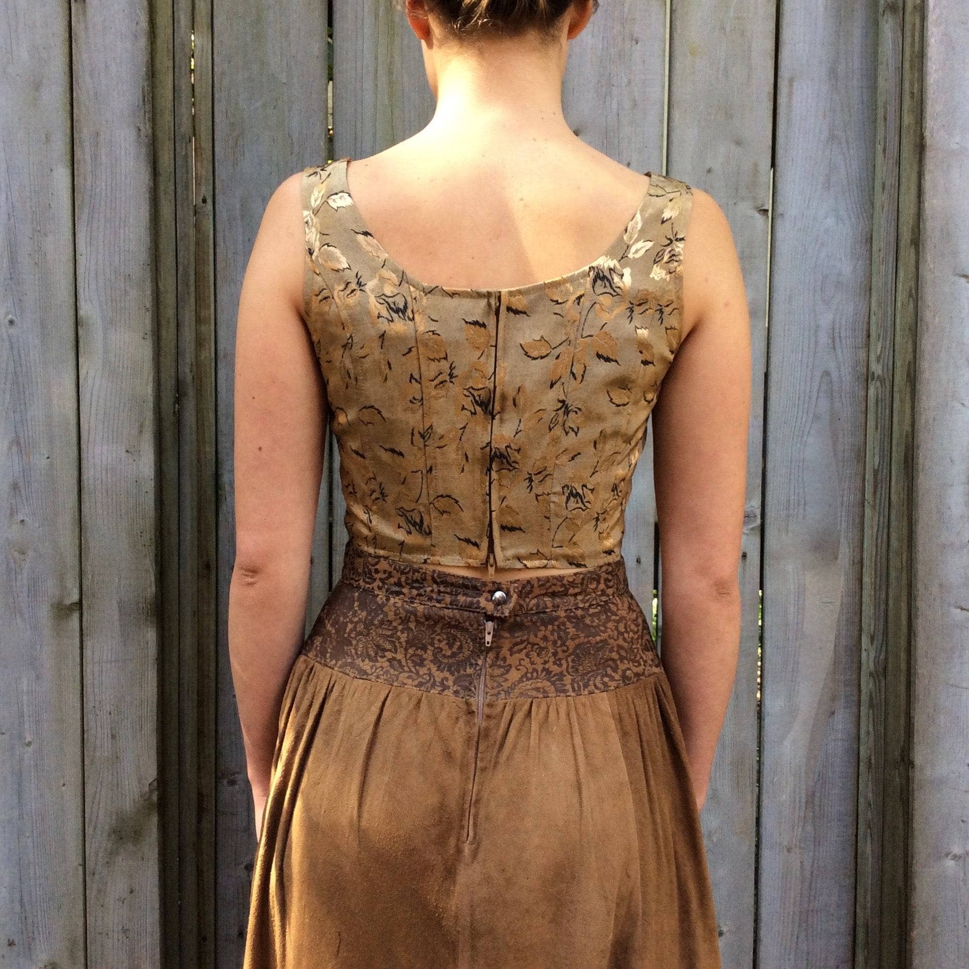1980s Brown Soft Suede Yoked Midi Skirt Small - Image 9