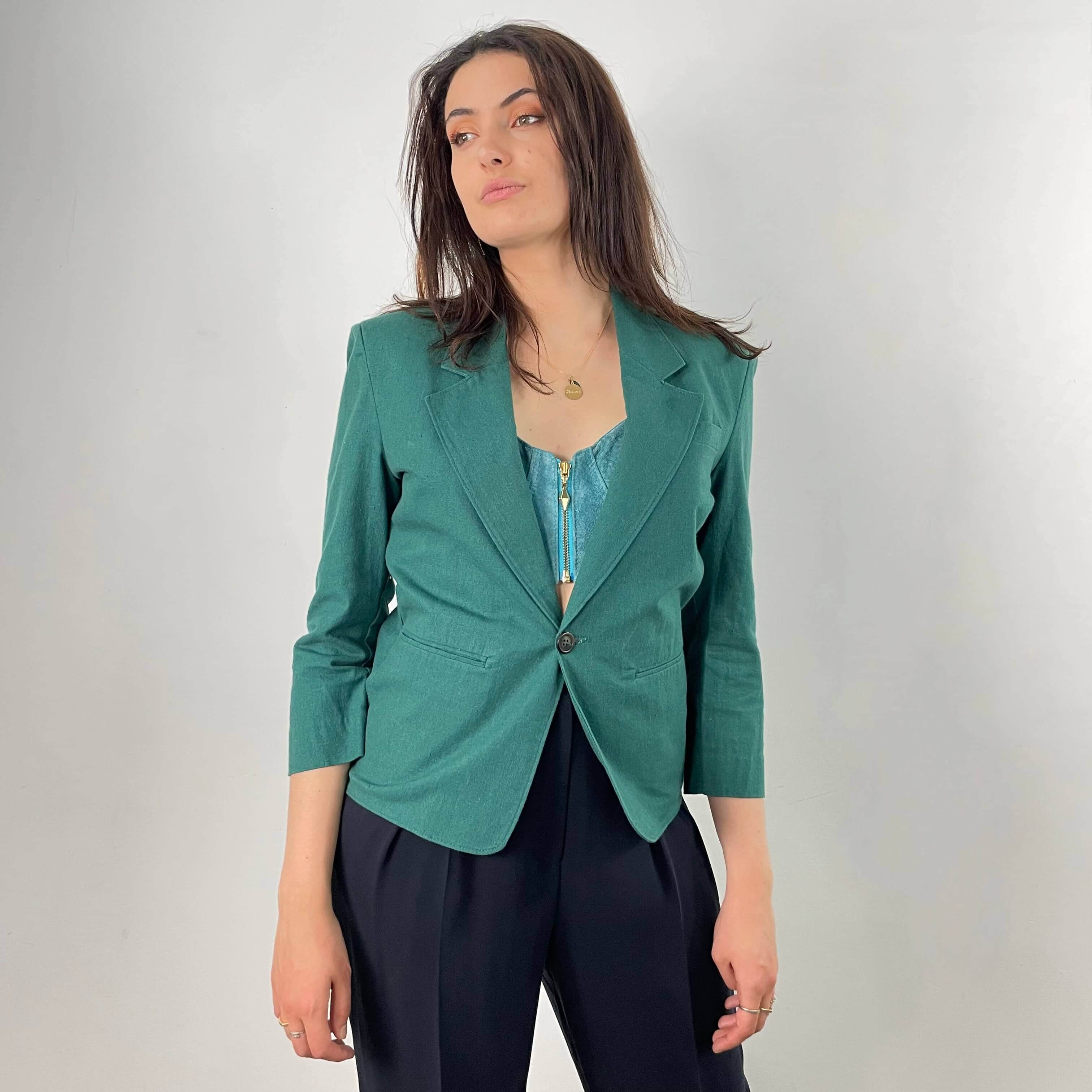 1980s Christian Dior Green Cotton Blazer Small - Image 3
