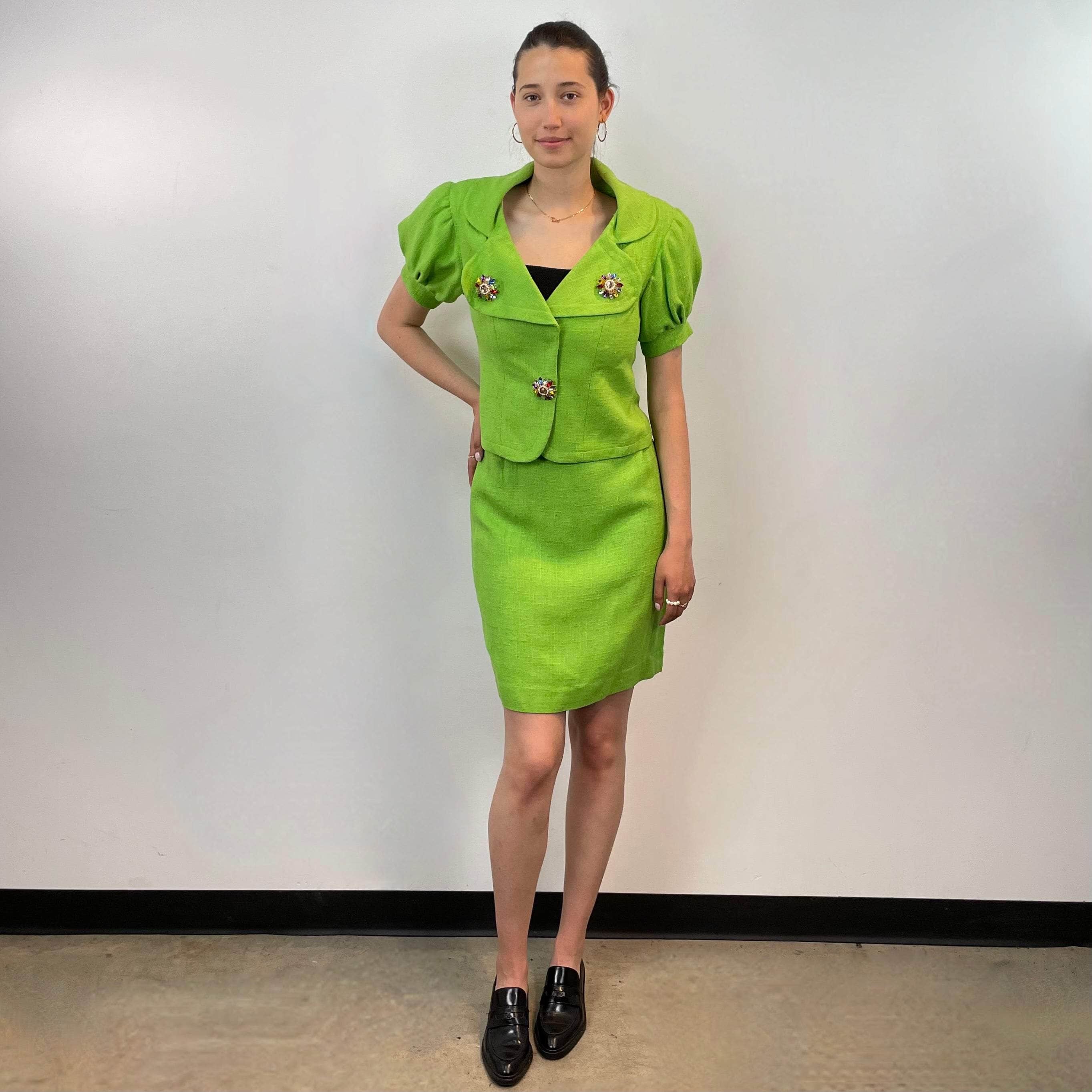 1980s Christian Lacroix Lime Blazer and Skirt Set Small/Medium - Image 6