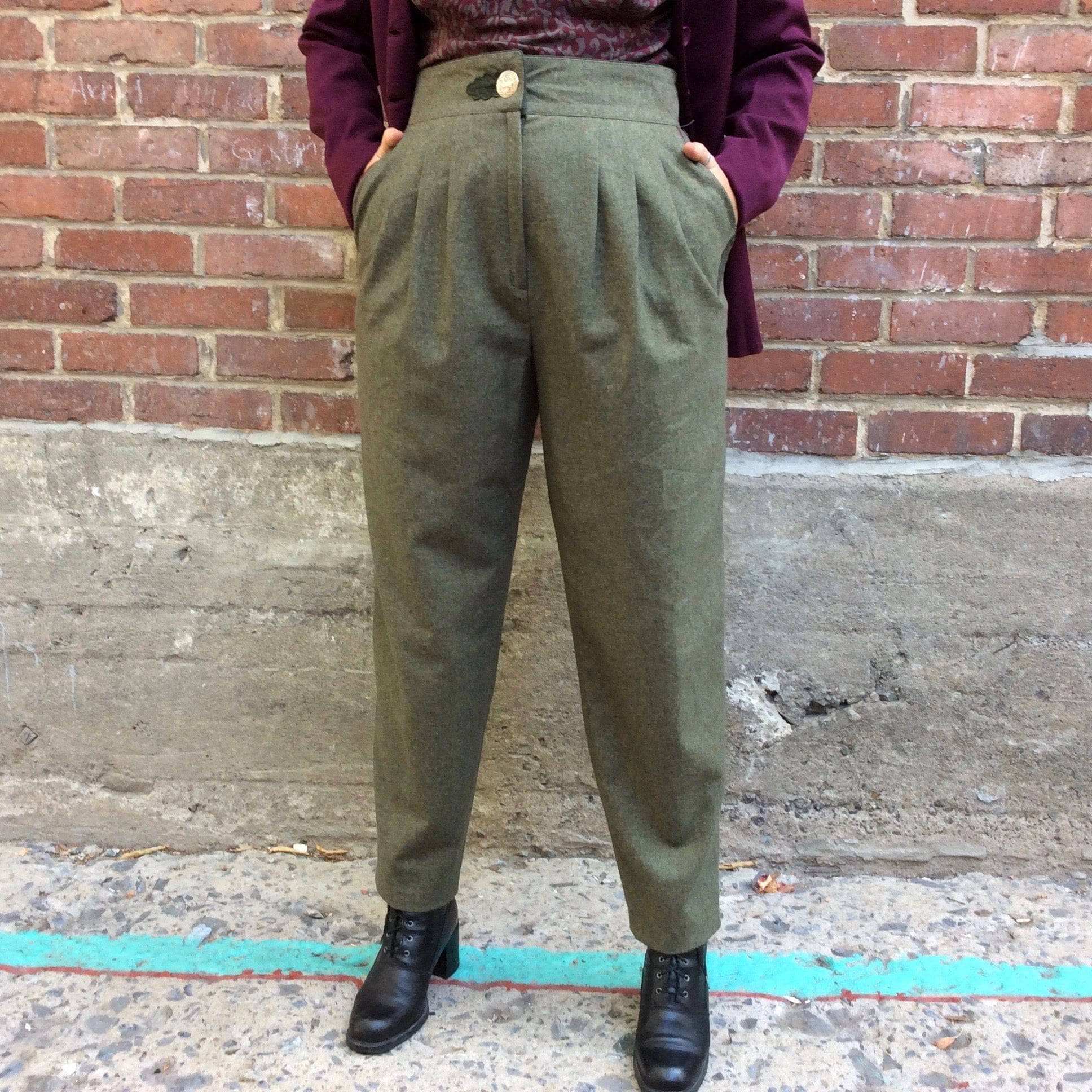 1980s High-Waist Army Green Wool Pleated Pants Medium - Image 3