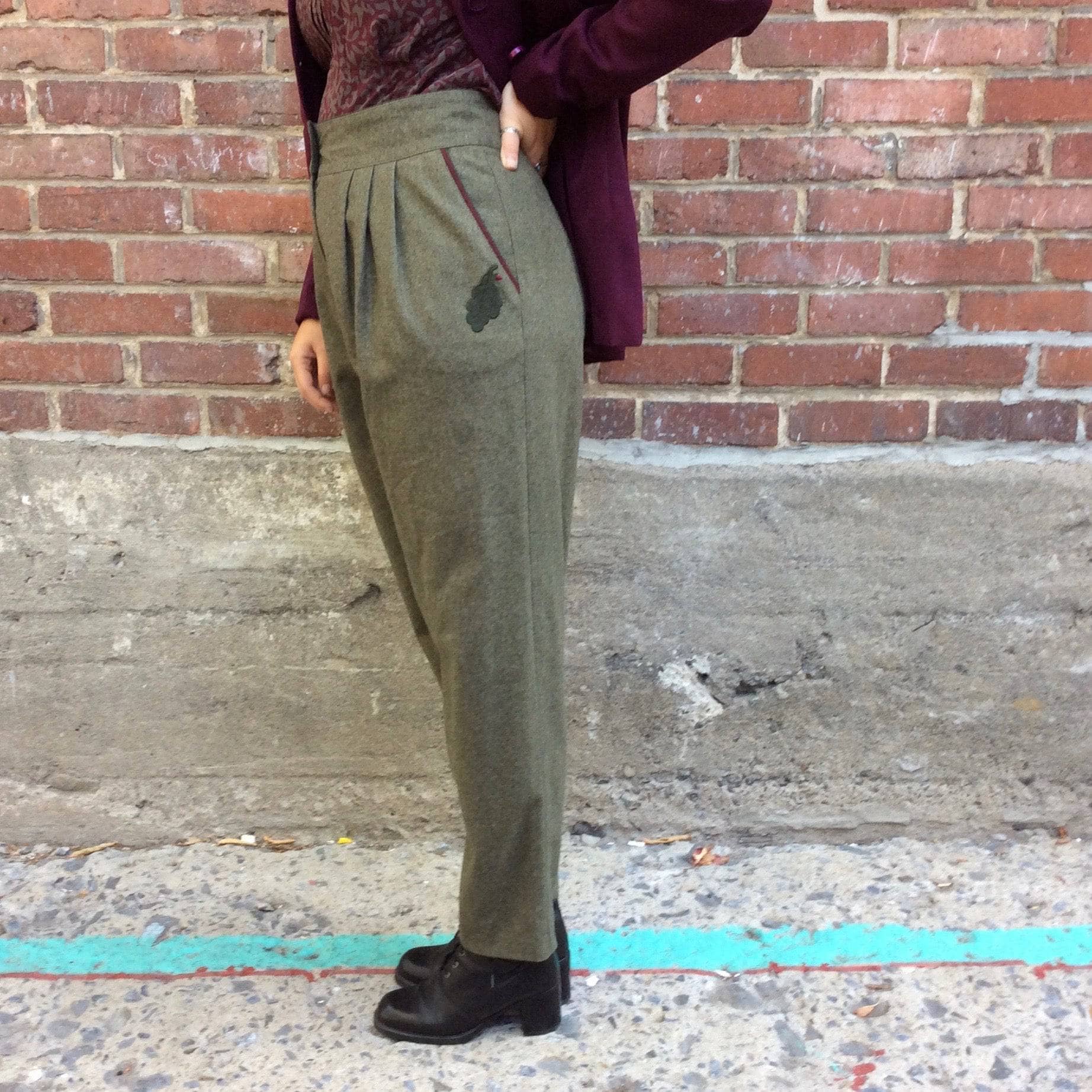 1980s High-Waist Army Green Wool Pleated Pants Medium - Image 5