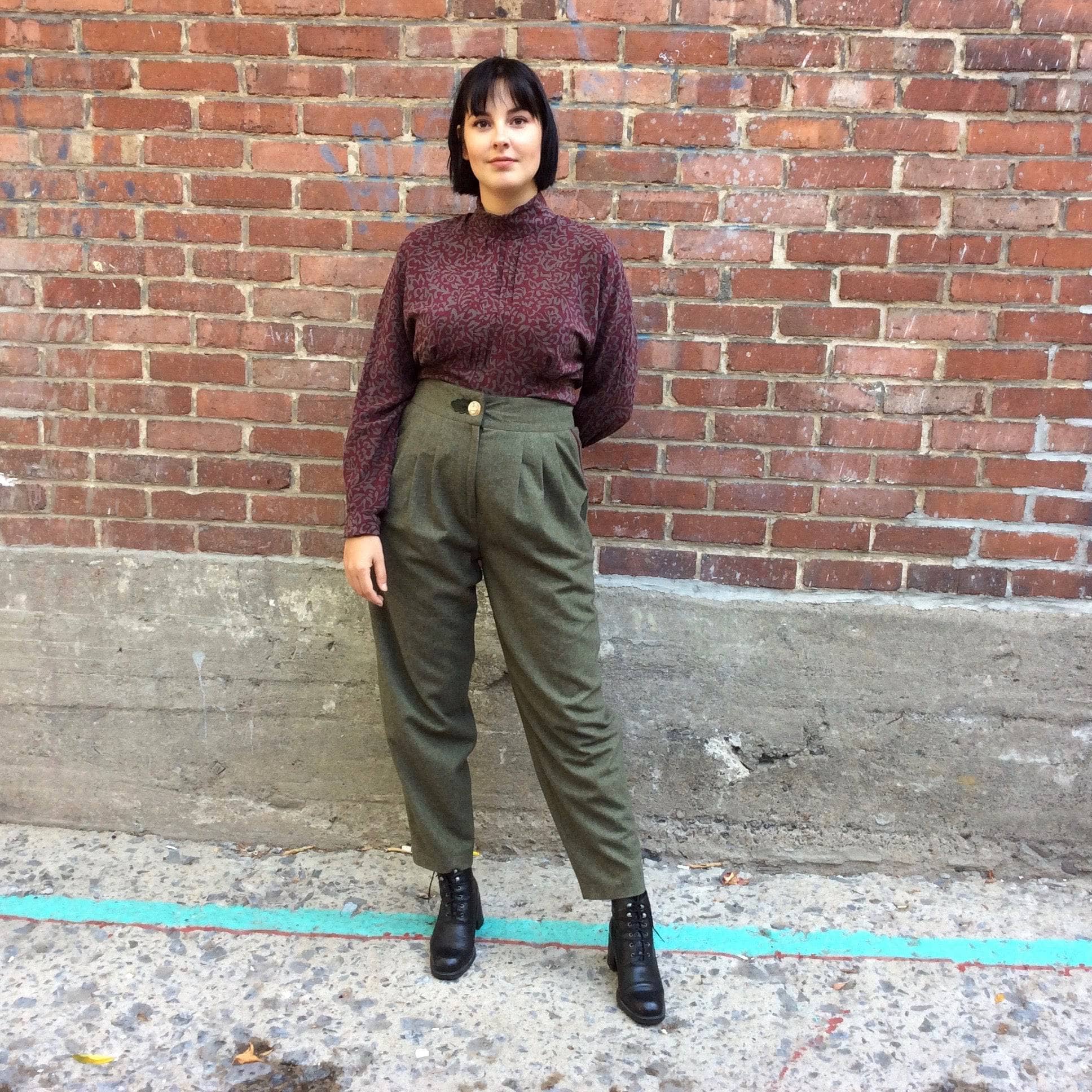 1980s High-Waist Army Green Wool Pleated Pants Medium - Image 7