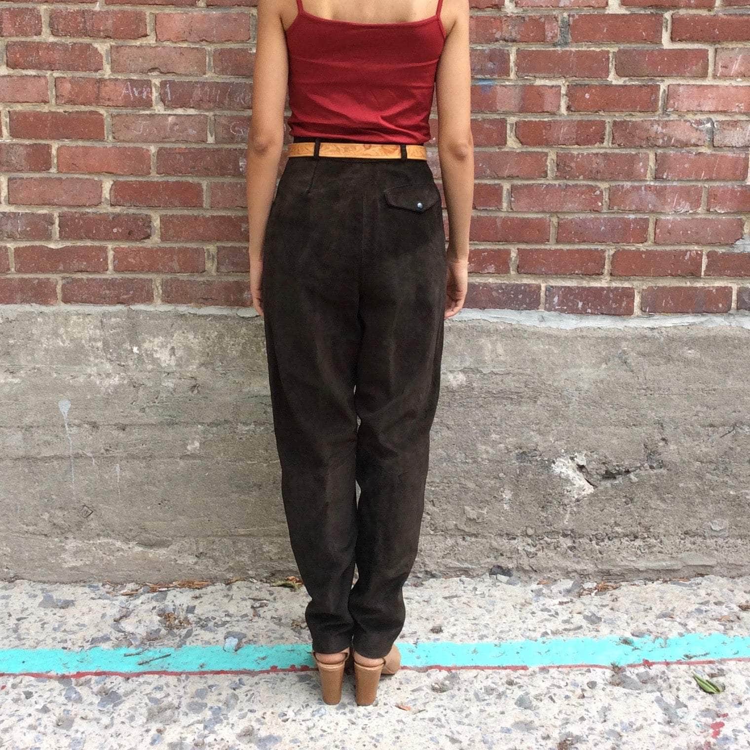1980s High Waist Dark Brown Tapered Leg Suede Pants Small - Image 2