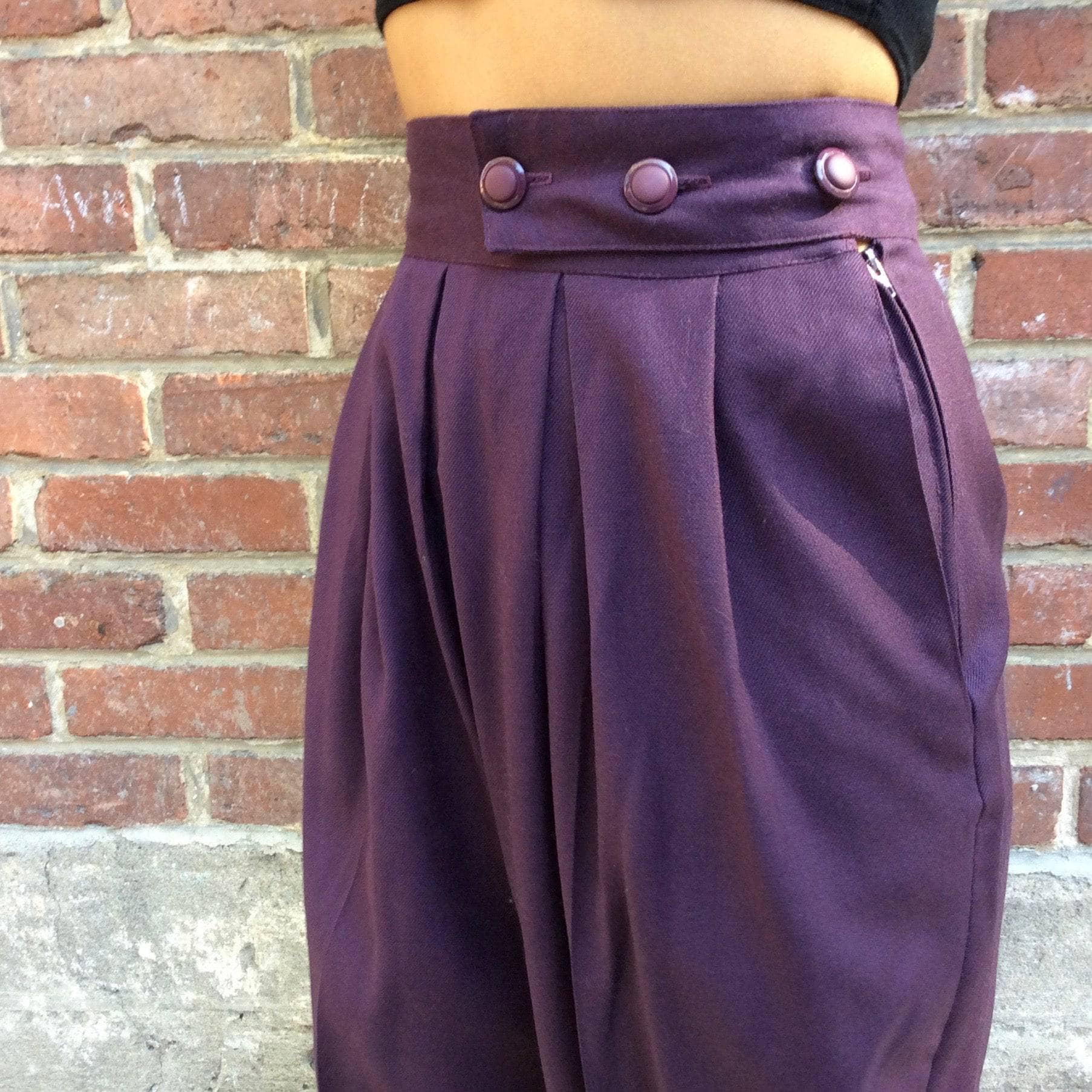 1980s "Paradox" High-Waisted Eggplant Pleated Wool Pants S - Image 7