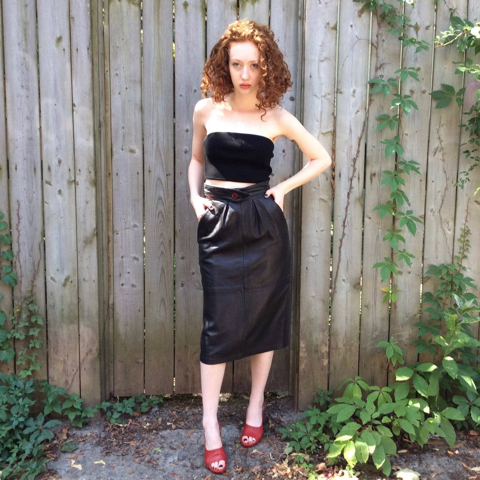1980s High-Waisted Midi Length Leather Skirt Small