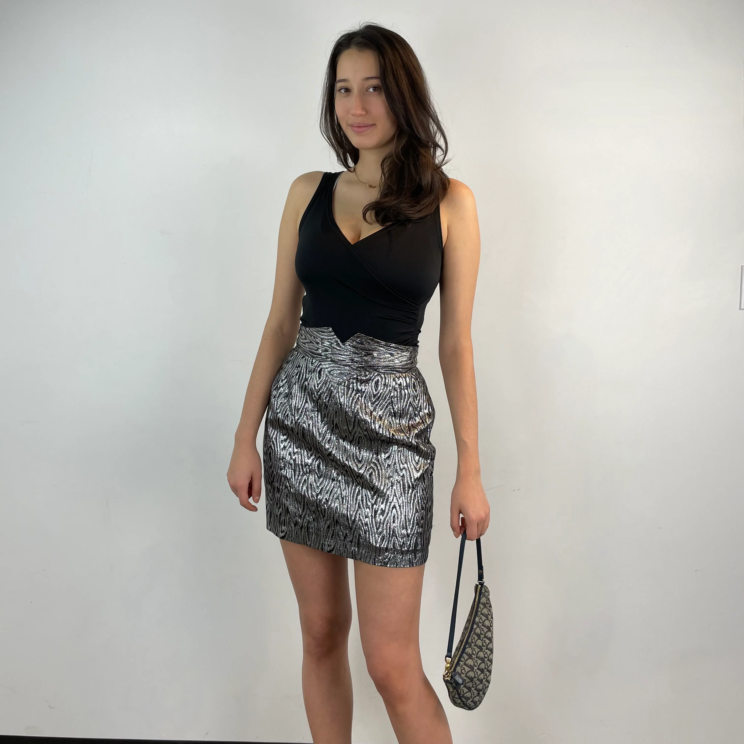 1980s High Waisted Silver Brocade Mini Skirt Small-Medium