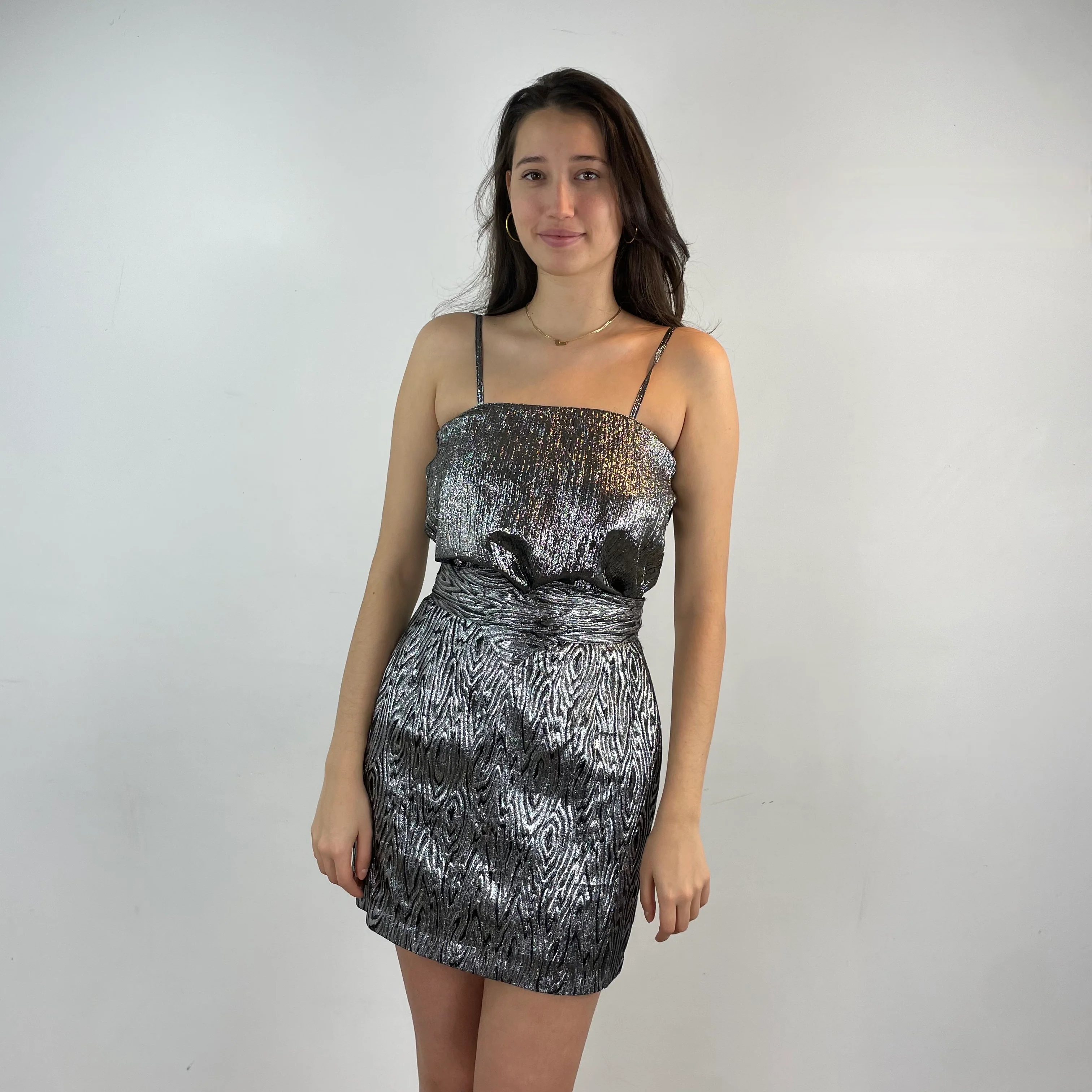 1980s High Waisted Silver Brocade Mini Skirt Small-Medium - Image 2
