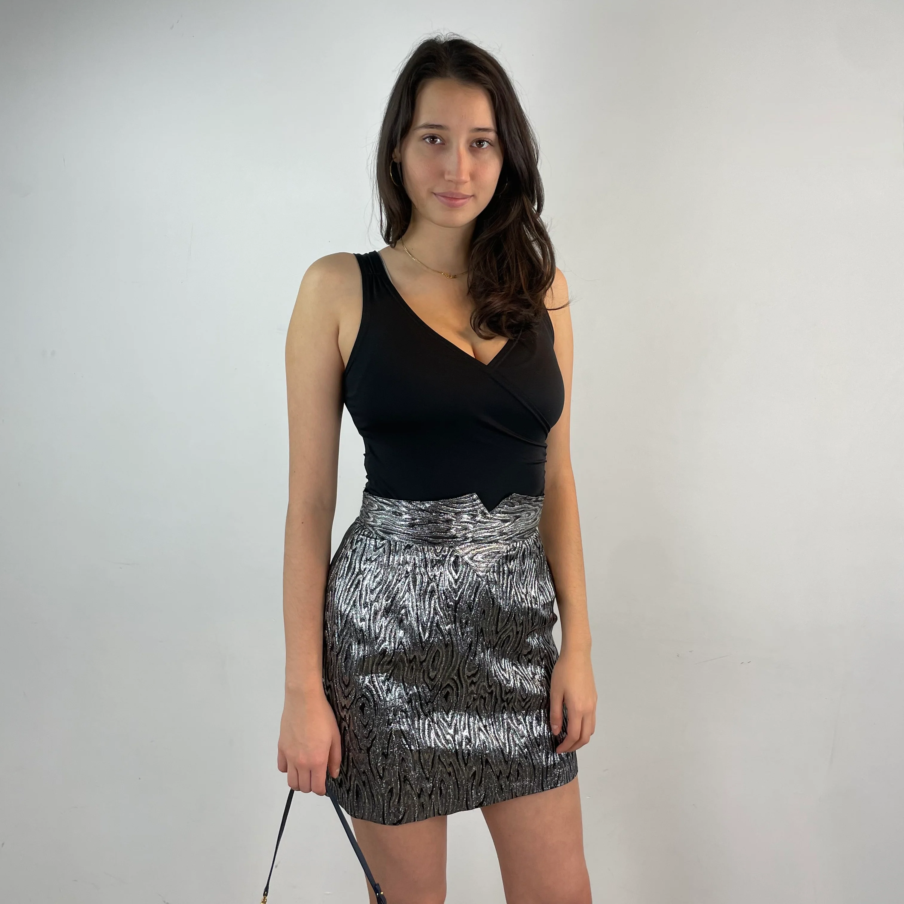 1980s High Waisted Silver Brocade Mini Skirt Small-Medium - Image 3