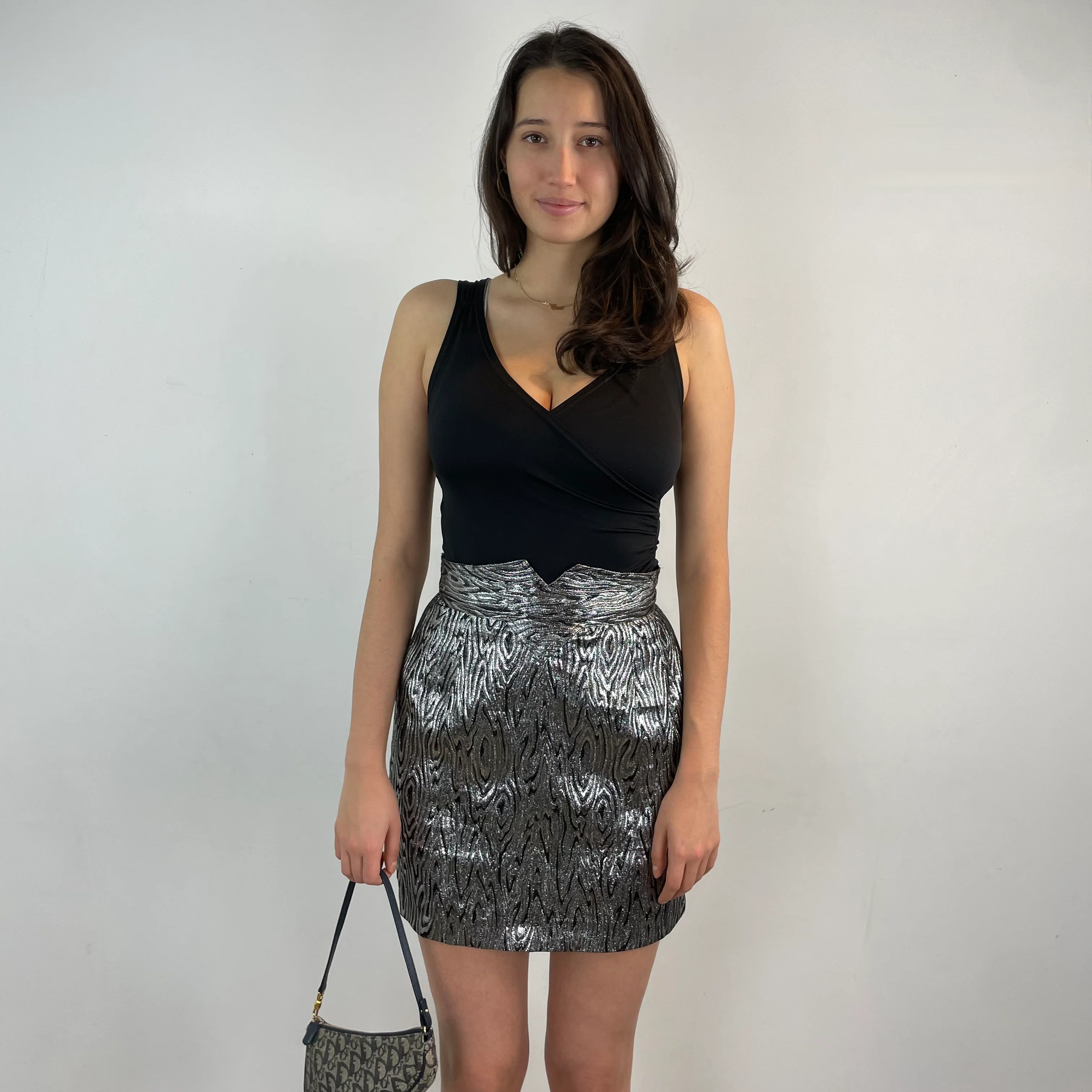 1980s High Waisted Silver Brocade Mini Skirt Small-Medium - Image 4