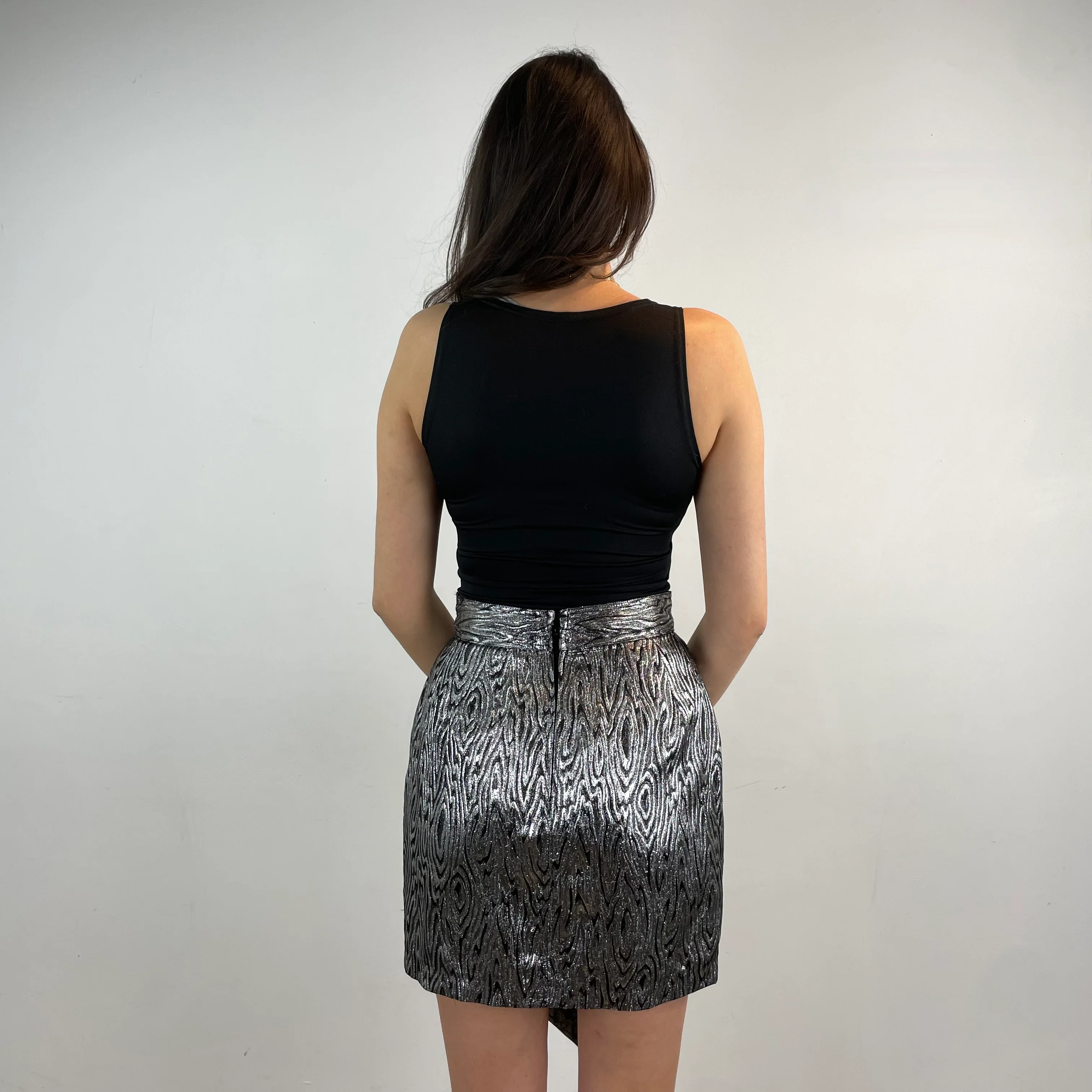 1980s High Waisted Silver Brocade Mini Skirt Small-Medium - Image 5