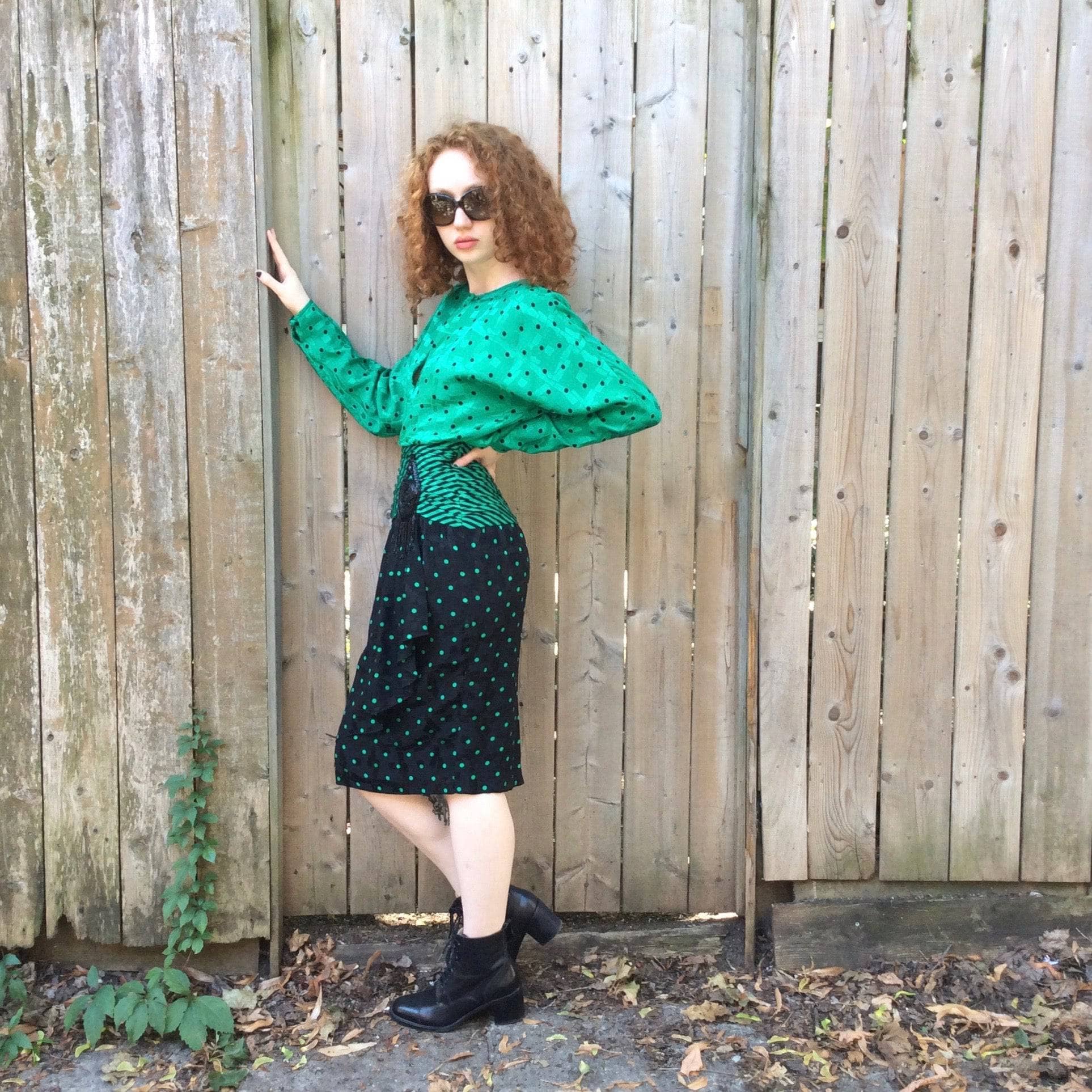 1980s Long-Sleeve Polka-Dot Draped Silk Dress S - Image 3