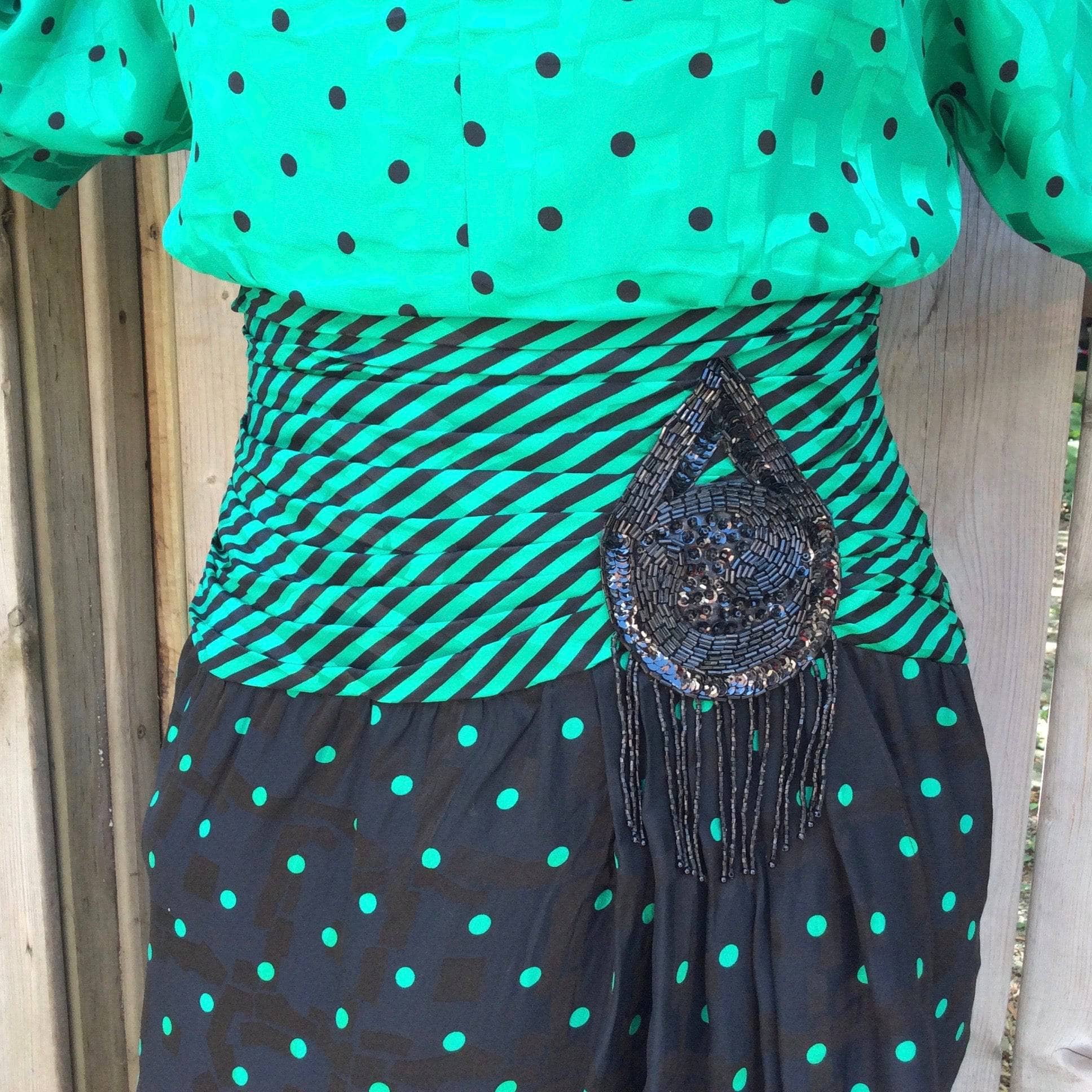 1980s Long-Sleeve Polka-Dot Draped Silk Dress S - Image 4