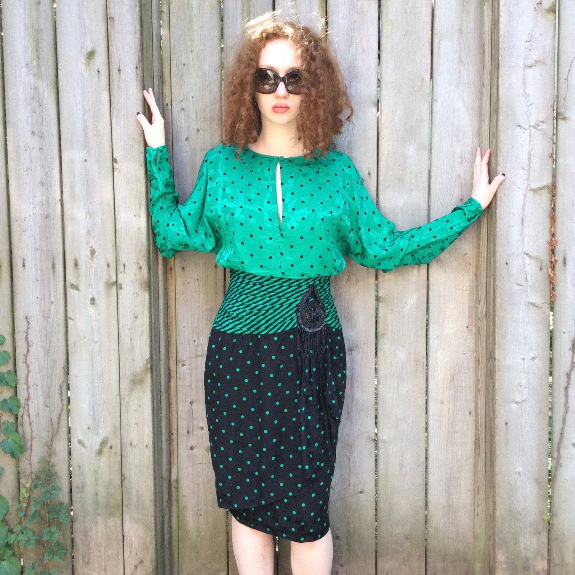 1980s Long-Sleeve Polka-Dot Draped Silk Dress S - Image 5
