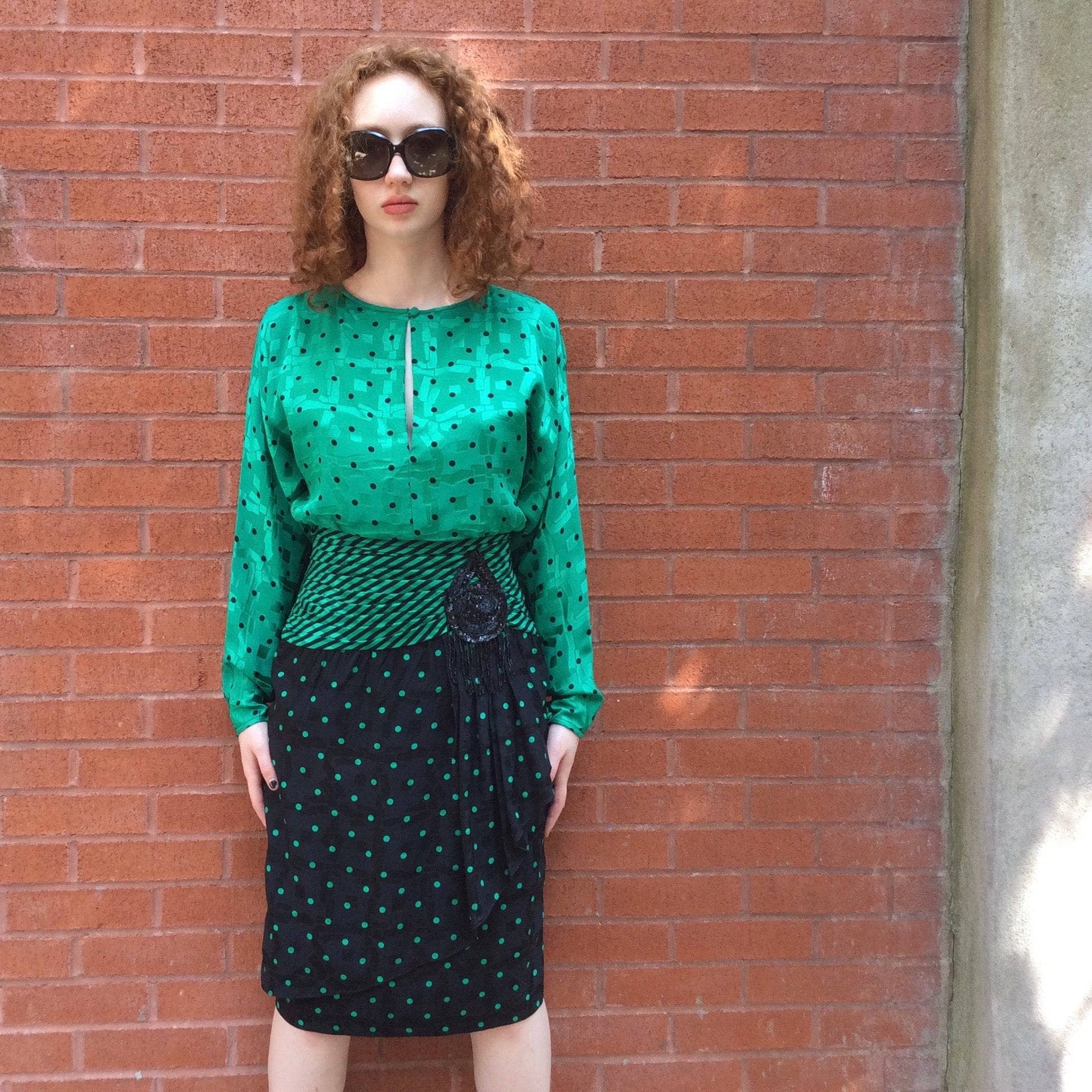 1980s Long-Sleeve Polka-Dot Draped Silk Dress S - Image 7