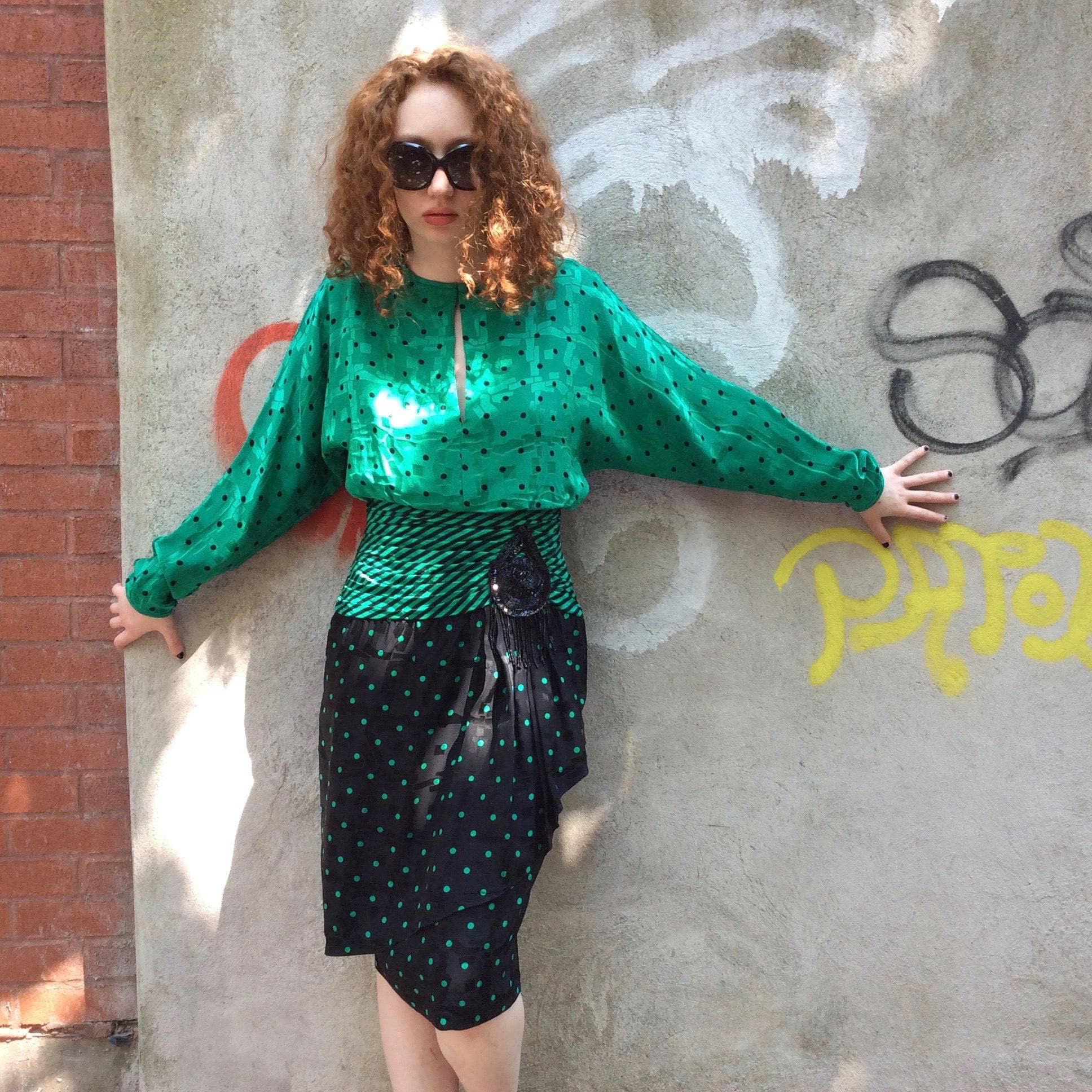 1980s Long-Sleeve Polka-Dot Draped Silk Dress S - Image 8