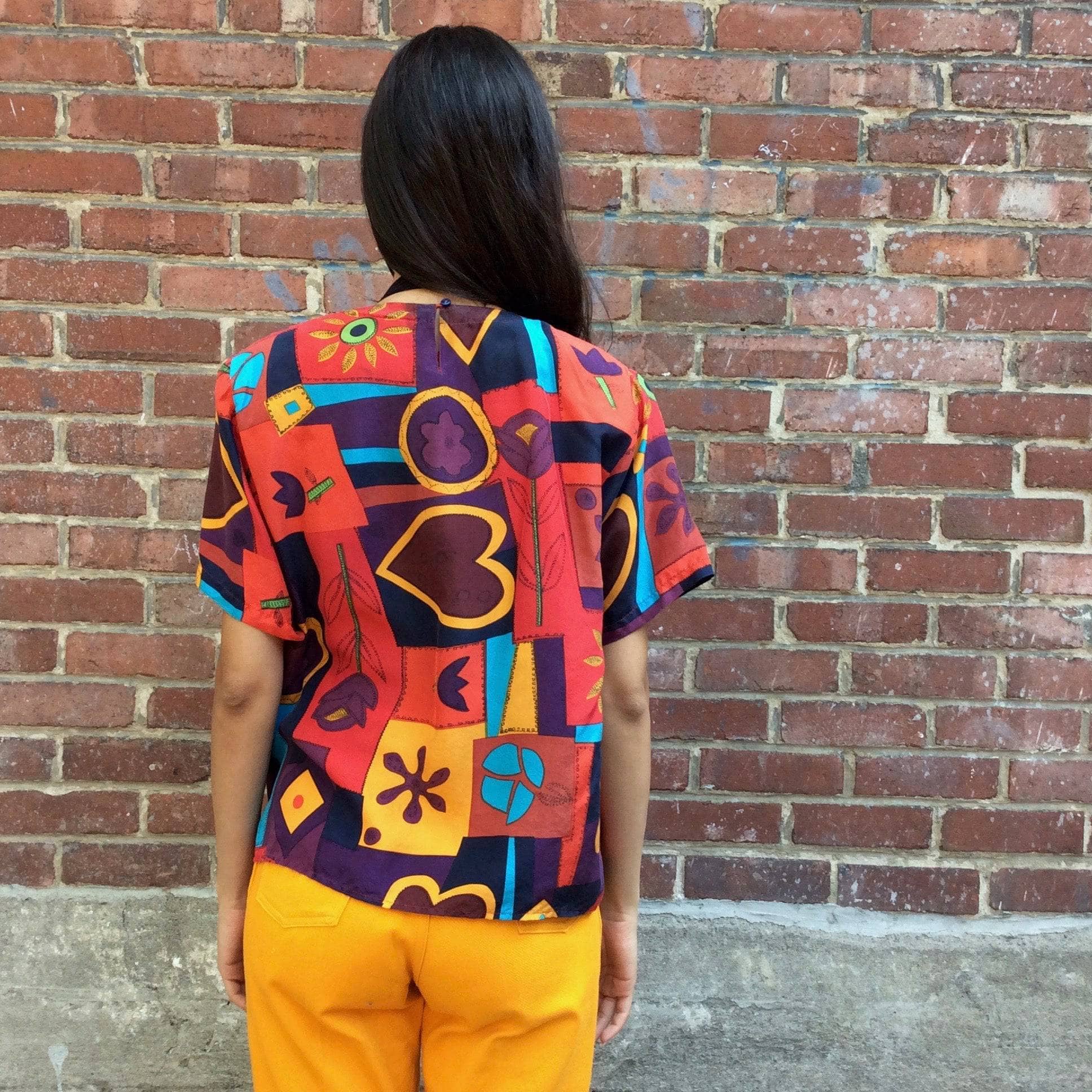 1980s "OSCAR DE LA RENTA" Short Sleeve Silk Top M - Image 3