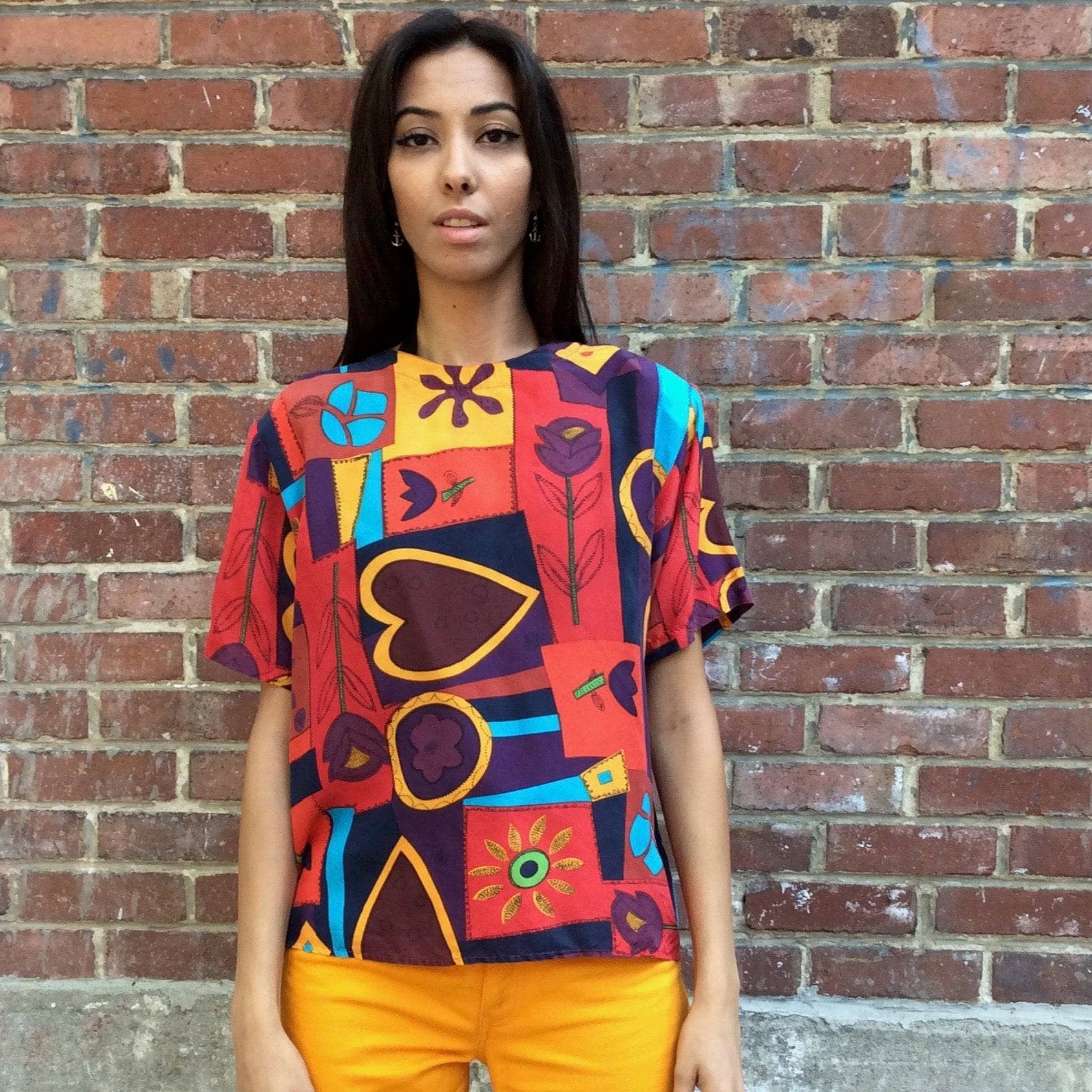 1980s "OSCAR DE LA RENTA" Short Sleeve Silk Top M - Image 4