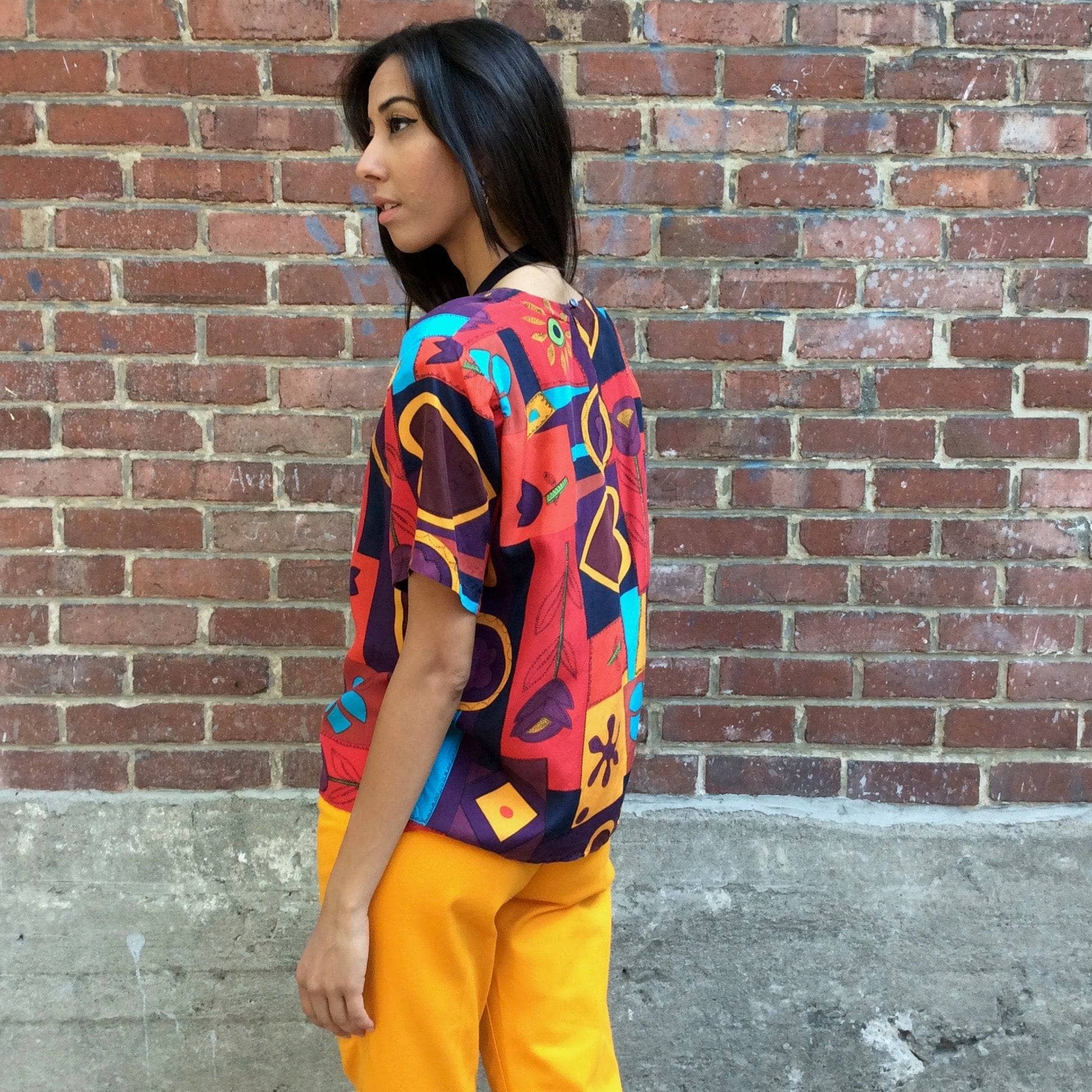 1980s "OSCAR DE LA RENTA" Short Sleeve Silk Top M - Image 5