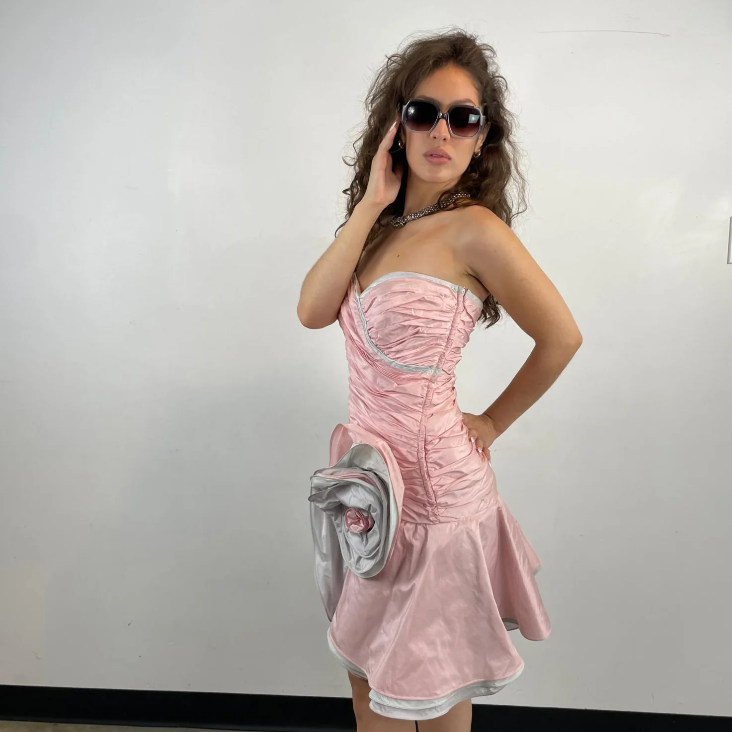 1980s Pink Shantung Silk Ruched Bustier Dress Small