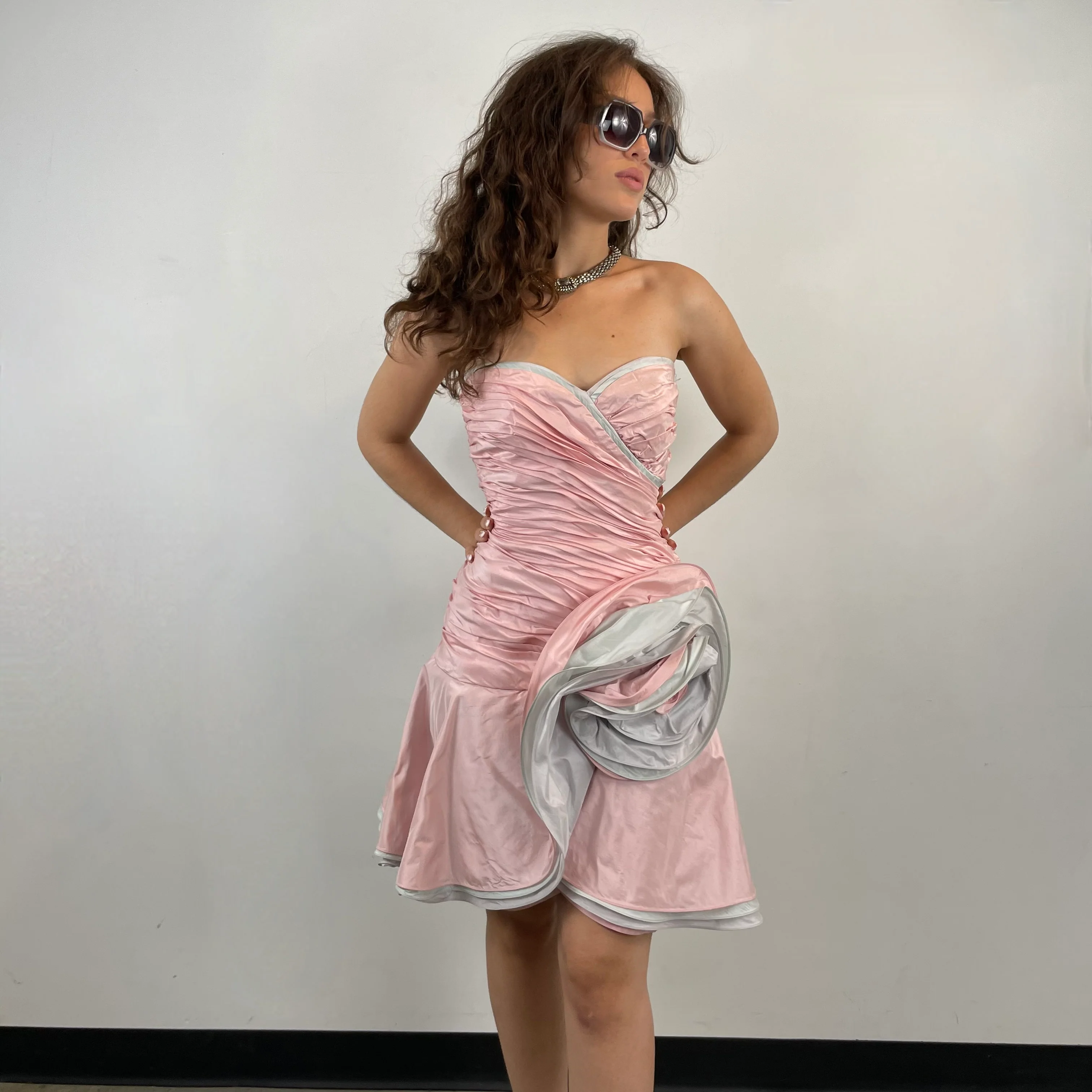 1980s Pink Shantung Silk Ruched Bustier Dress Small - Image 2