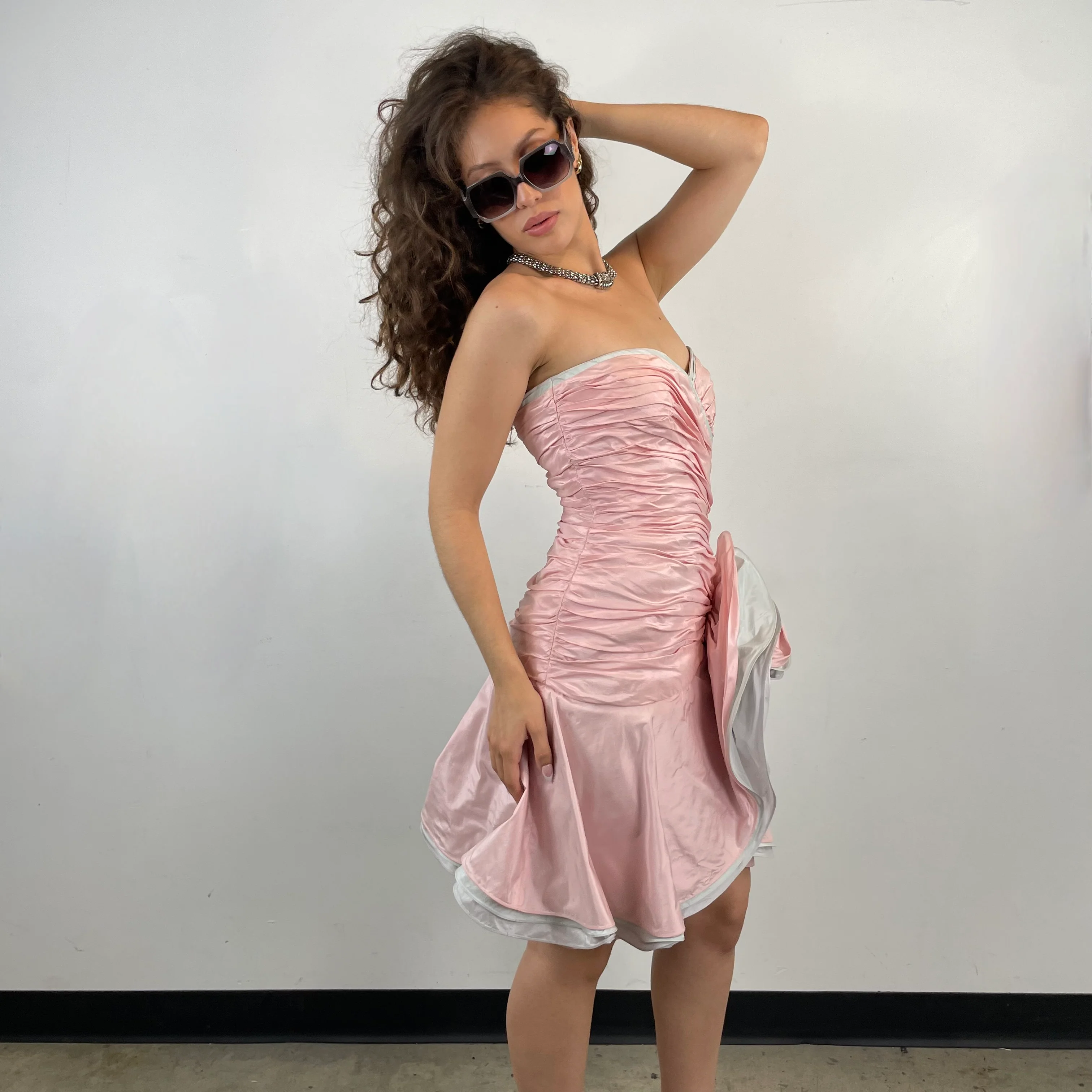 1980s Pink Shantung Silk Ruched Bustier Dress Small - Image 3