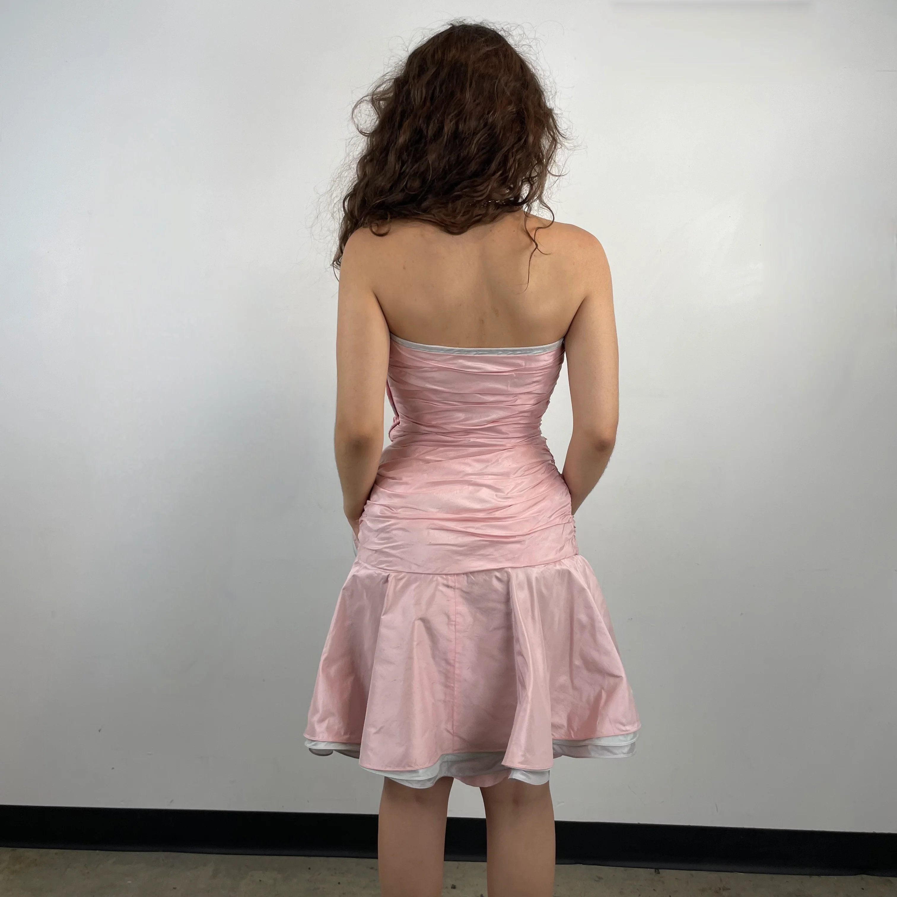 1980s Pink Shantung Silk Ruched Bustier Dress Small - Image 4