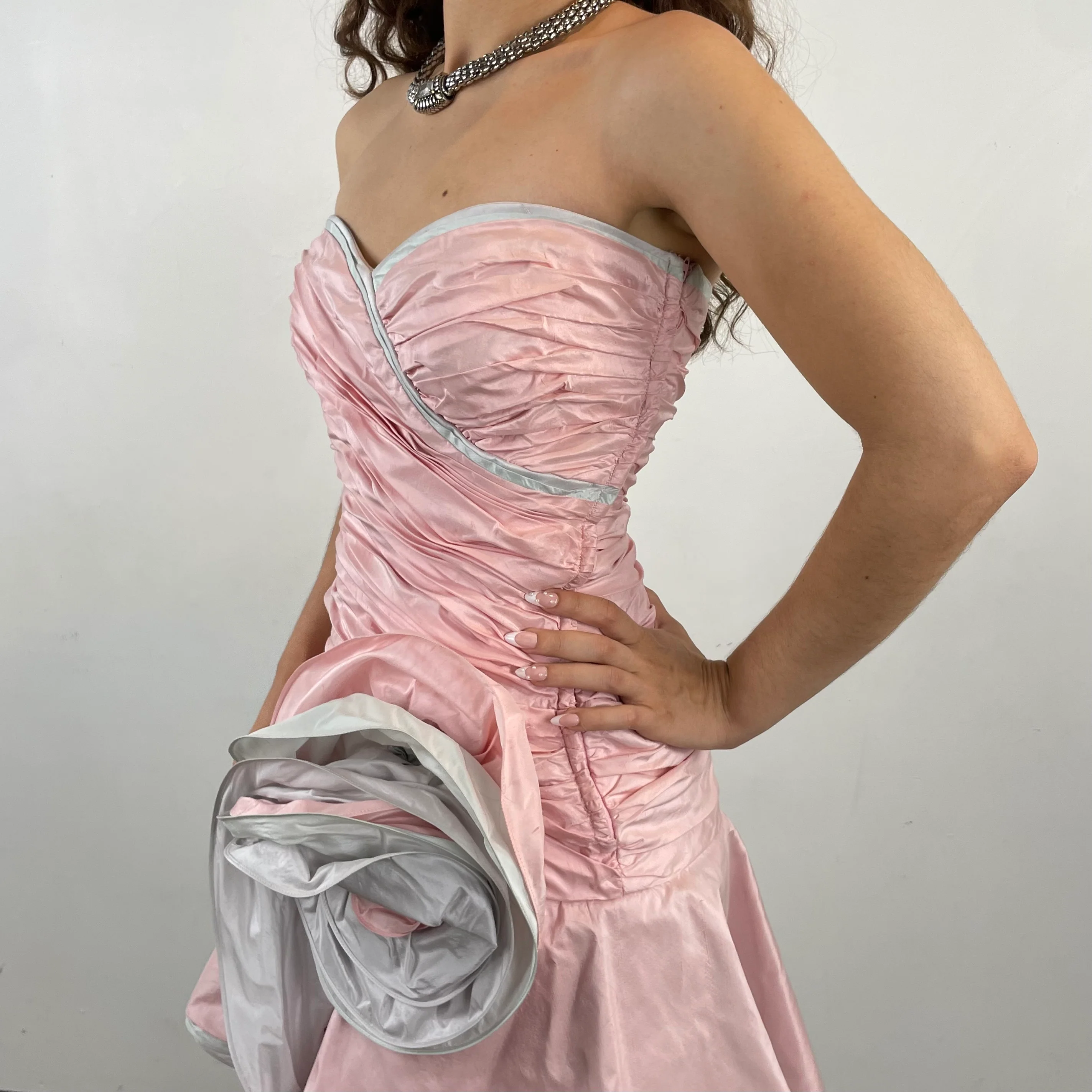 1980s Pink Shantung Silk Ruched Bustier Dress Small - Image 6