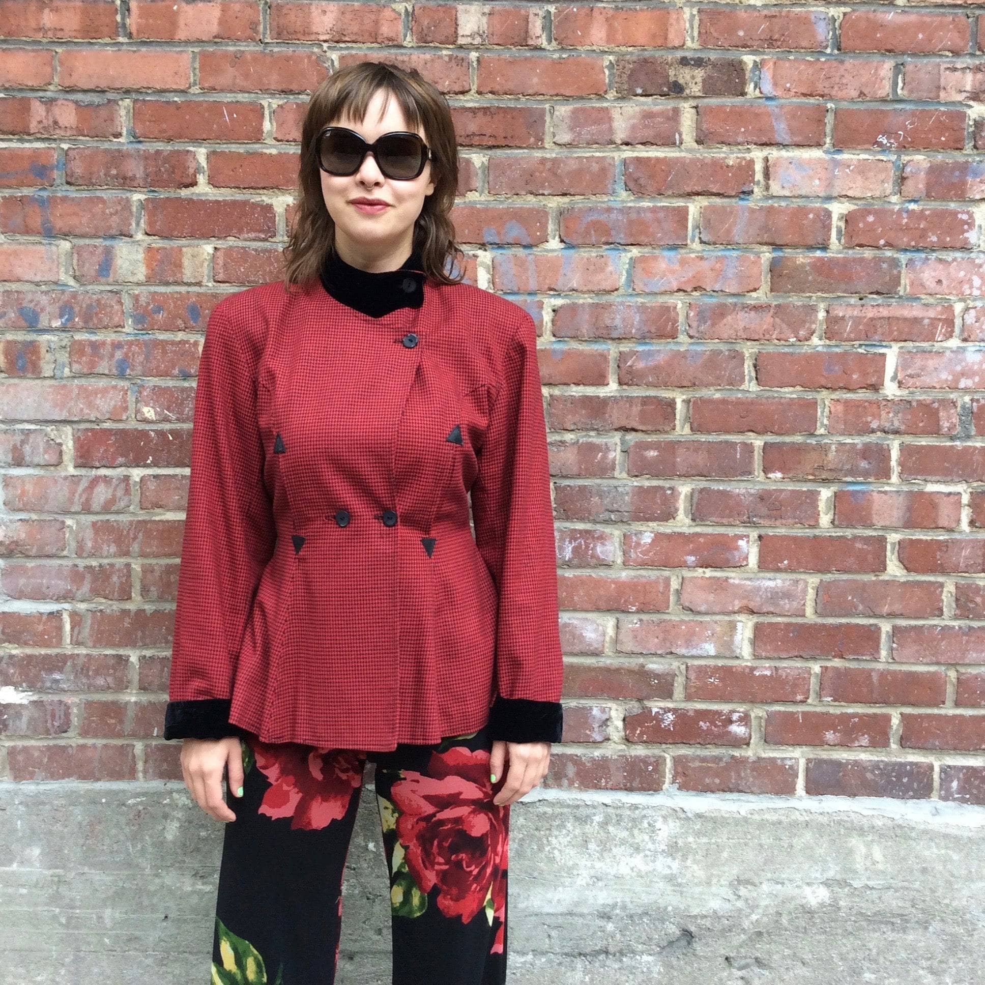 1980s Red Fitted Houndstooth Blazer Small